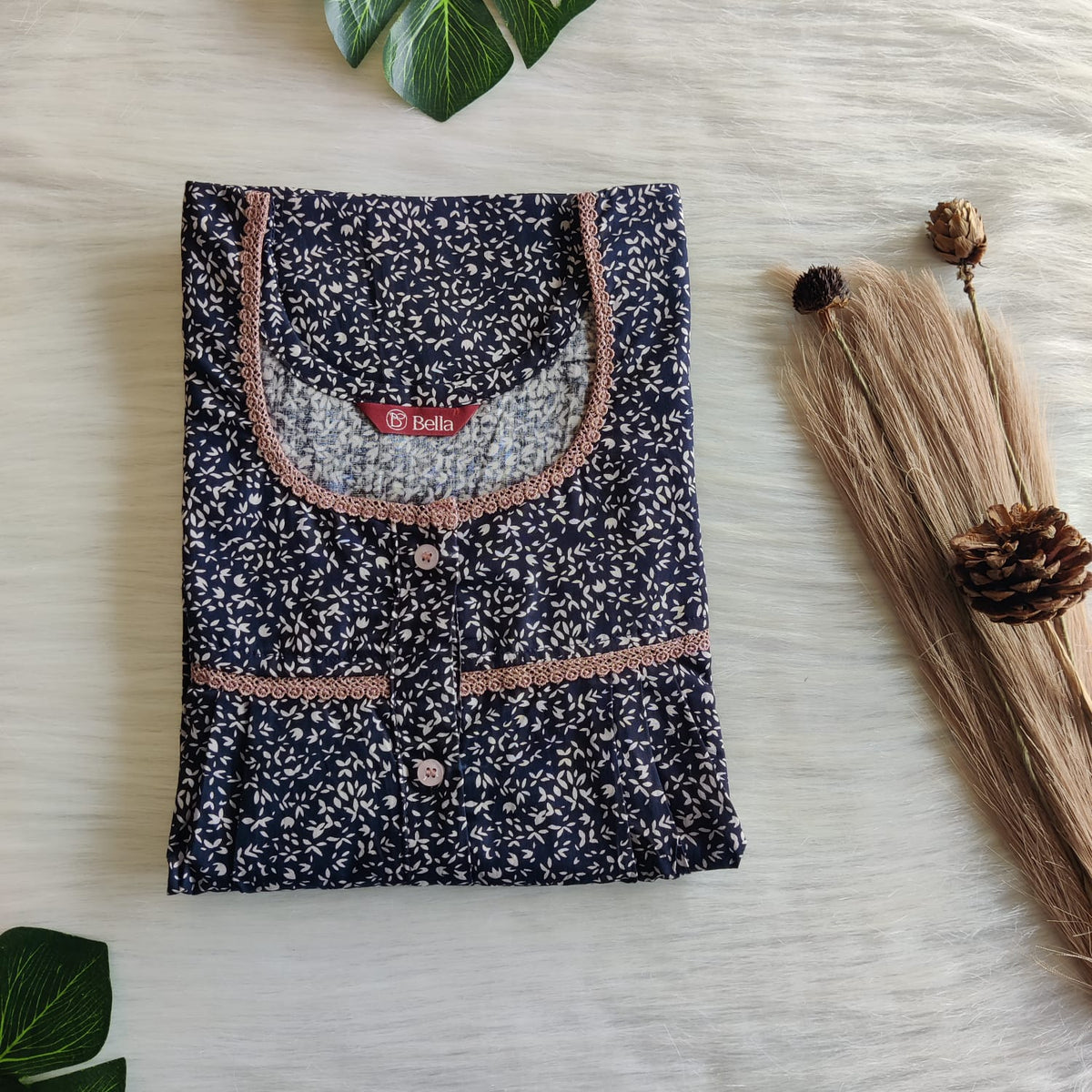 Navy Blue Printed Premium Cotton Lace Button Nighty | Free Size | Chest Width 44"| Length 54"-56"