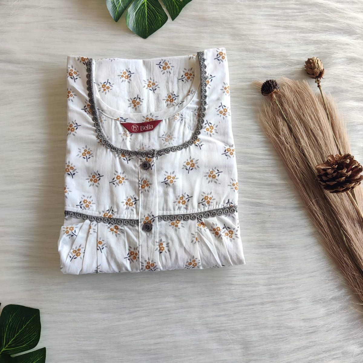 Yellow Floral Printed White Premium Cotton Lace Button Nighty | Free Size | Chest Width 44"| Length 54"-56"