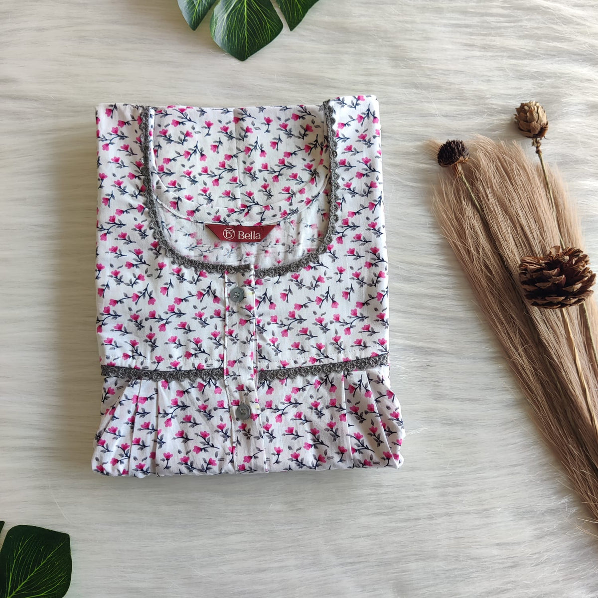 Pink Floral Printed White Premium Cotton Lace Button Nighty | Free Size | Chest Width 44"| Length 54"-56"