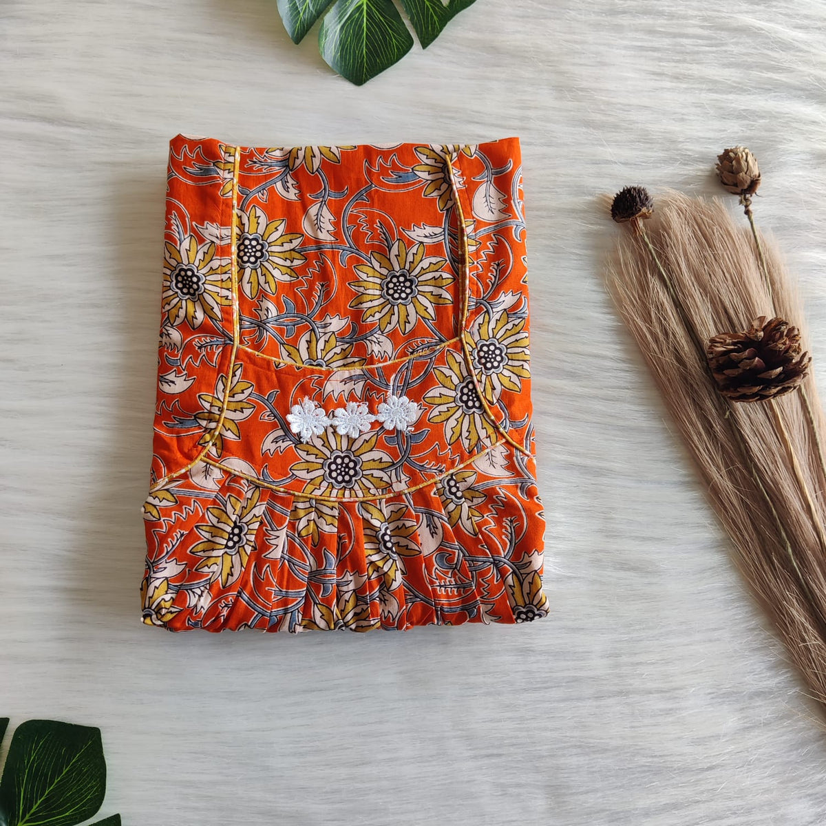 Orange Floral Printed Premium Cotton Three Flower Nighty |Free Size | Chest Width 44"| Length 54"-55"