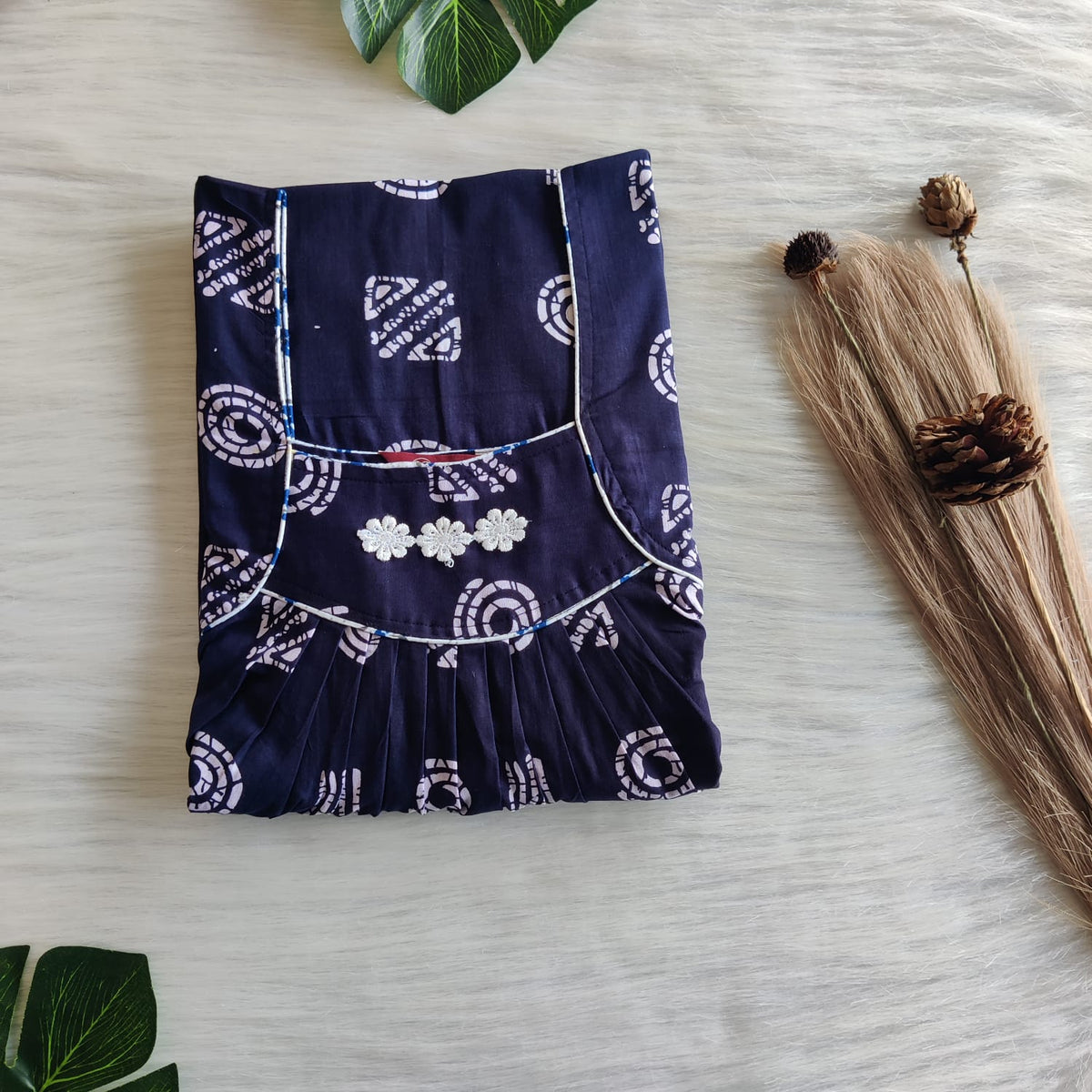 Navy Blue Printed Premium Cotton Three Flower Nighty |Free Size | Chest Width 44"| Length 54"-55"