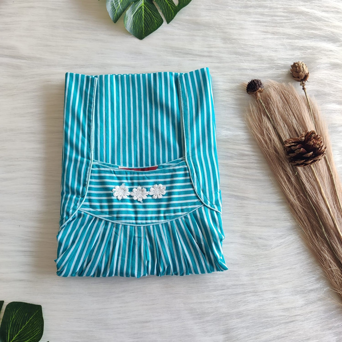 Teal Blue Stripes Printed Premium Cotton Three Flower Nighty |Free Size | Chest Width 44"| Length 54"-55"