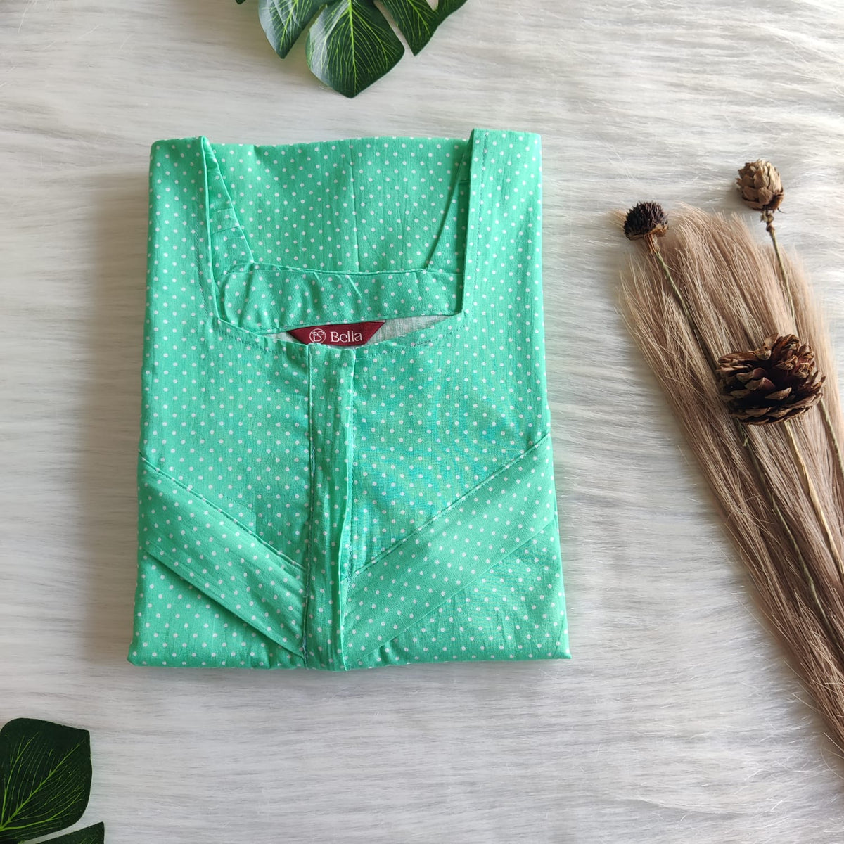 Mint Blue Dot Printed Premium Cotton Horizontal Zip Feeding Nighty | Free Size | Chest Width 44″| Length 54″-56″|
