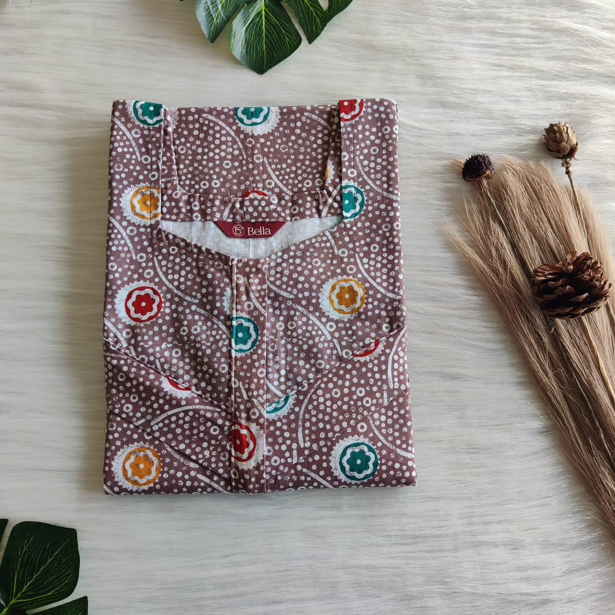 Brown Printed Premium Cotton Horizontal Zip Feeding Nighty | Free Size | Chest Width 44″| Length 54″-56″|