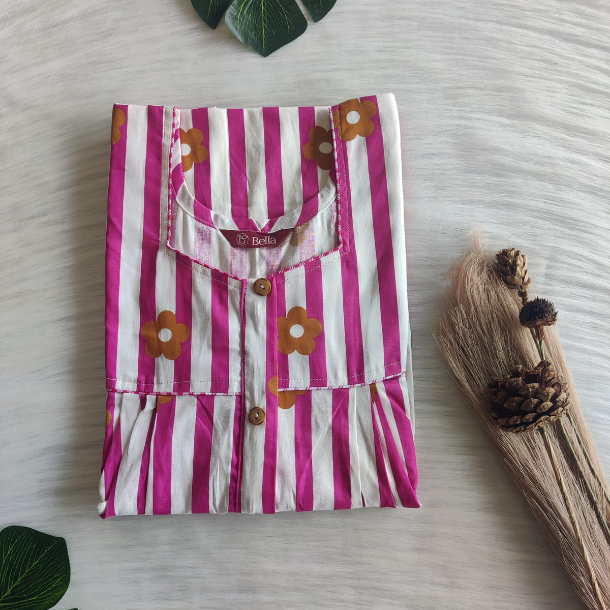 Pink Stripes Printed Premium Cotton Button Zip Nighty | Free Size | Chest Width 44″| Length 55″-56|