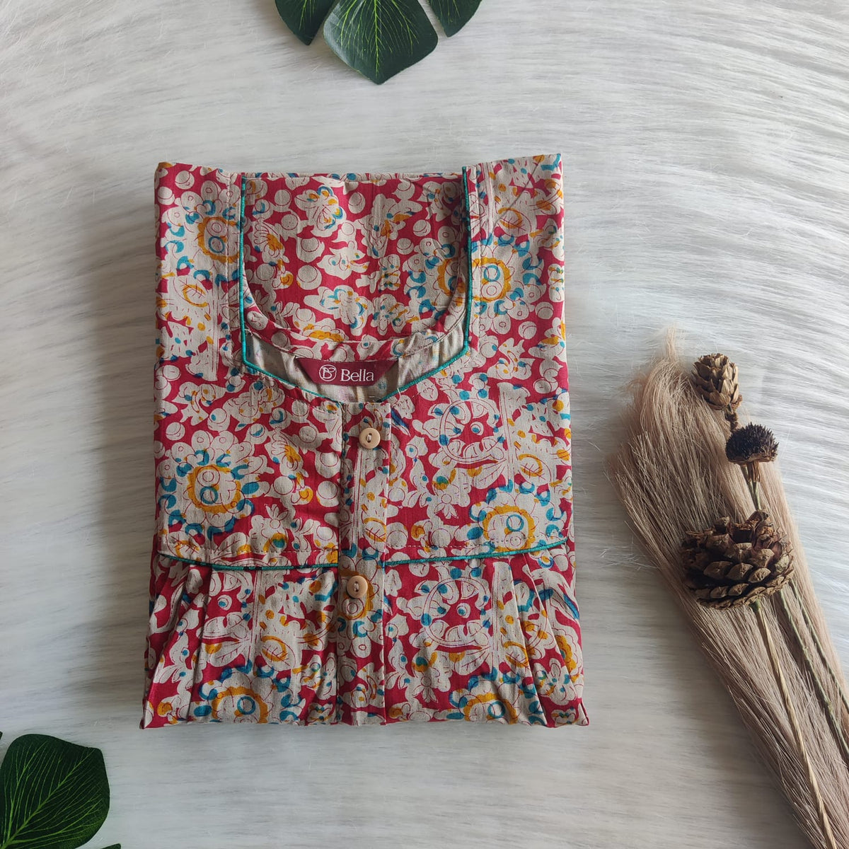 Red And Blue Printed Premium Cotton Button Zip Nighty | Free Size | Chest Width 44″| Length 55″-56|
