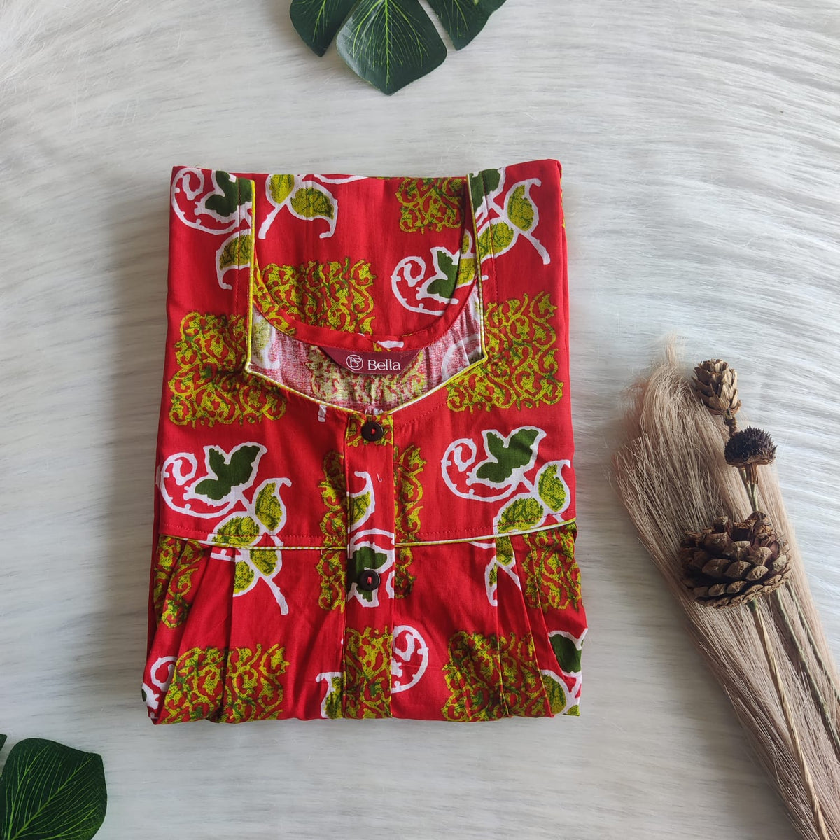 Green Leaf Printed Red Premium Cotton Button Zip Nighty | Free Size | Chest Width 44″| Length 55″-56|