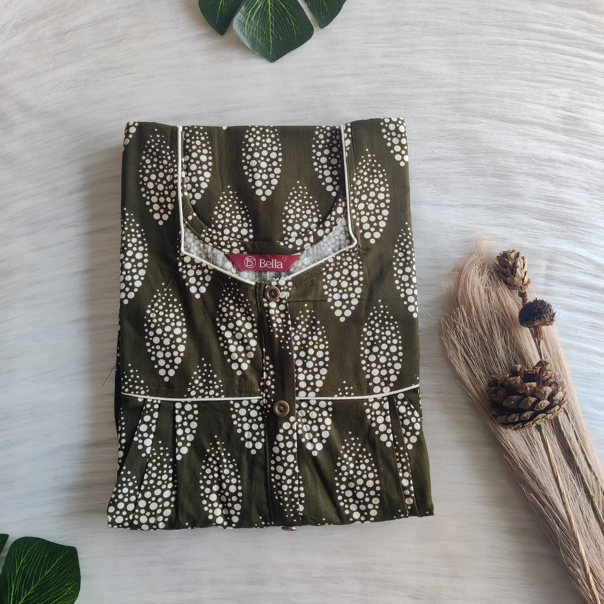 Olive Green Printed Premium Cotton Button Zip Nighty | Free Size | Chest Width 44″| Length 55″-56|