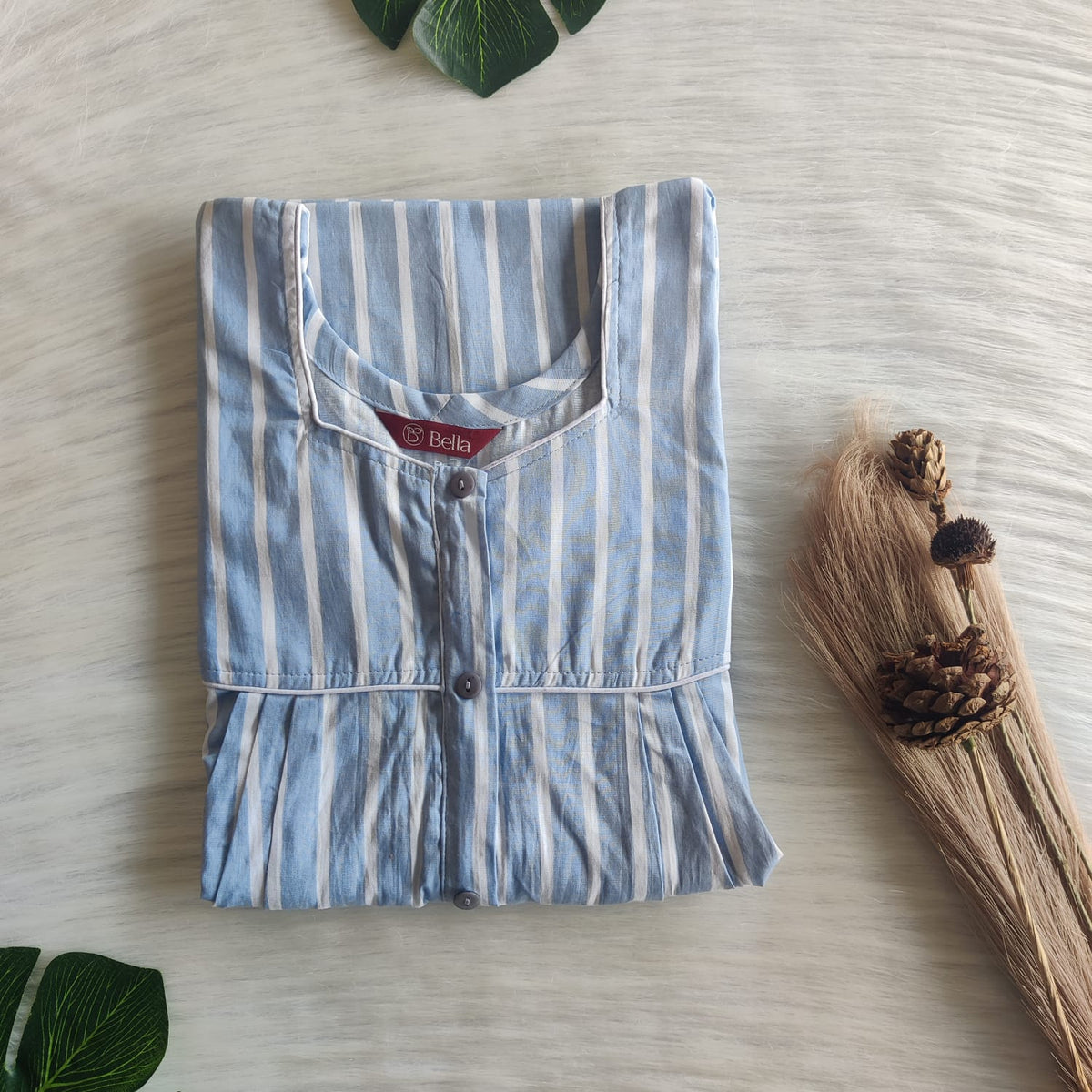 Ash Blue Stripe Printed Premium Cotton Button Zip Nighty | Free Size | Chest Width 44″| Length 55″-56|