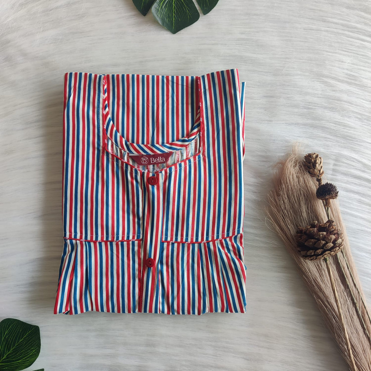 Red And Blue Stripes Printed Premium Cotton Button Zip Nighty | Free Size | Chest Width 44″| Length 55″-56|