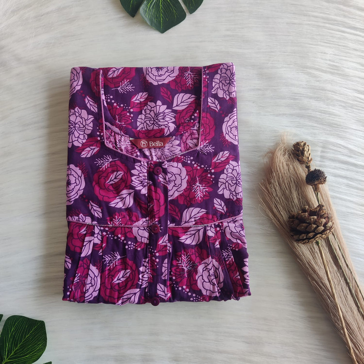 Mauve Floral Printed Premium Cotton Button Zip Nighty | Free Size | Chest Width 44″| Length 55″-56|