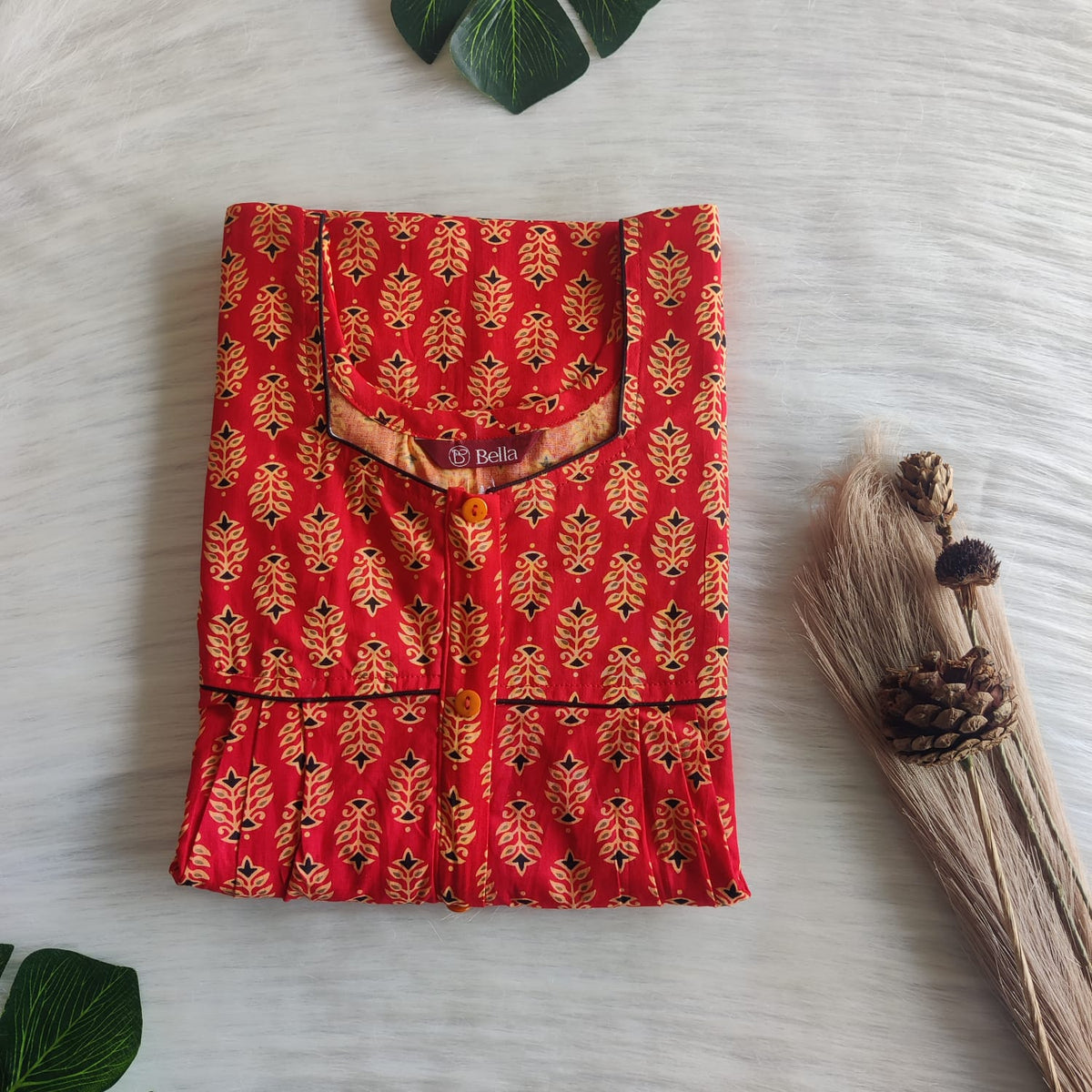 Yellow Floral Printed Red Premium Cotton Button Zip Nighty | Free Size | Chest Width 44″| Length 55″-56|