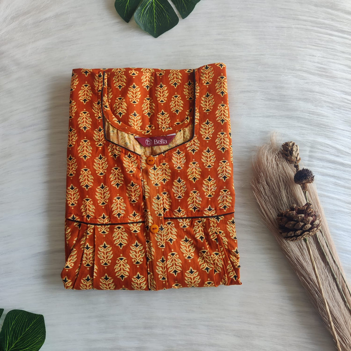 Yellow Floral Printed Brown Premium Cotton Button Zip Nighty | Free Size | Chest Width 44″| Length 55″-56|
