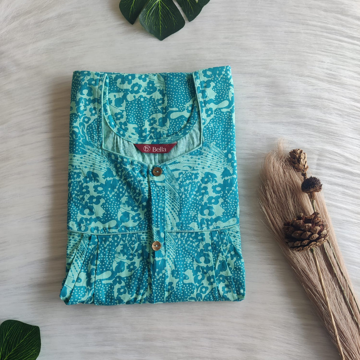Aqua Green Printed Premium Cotton Button Zip Nighty | Free Size | Chest Width 44″| Length 55″-56|