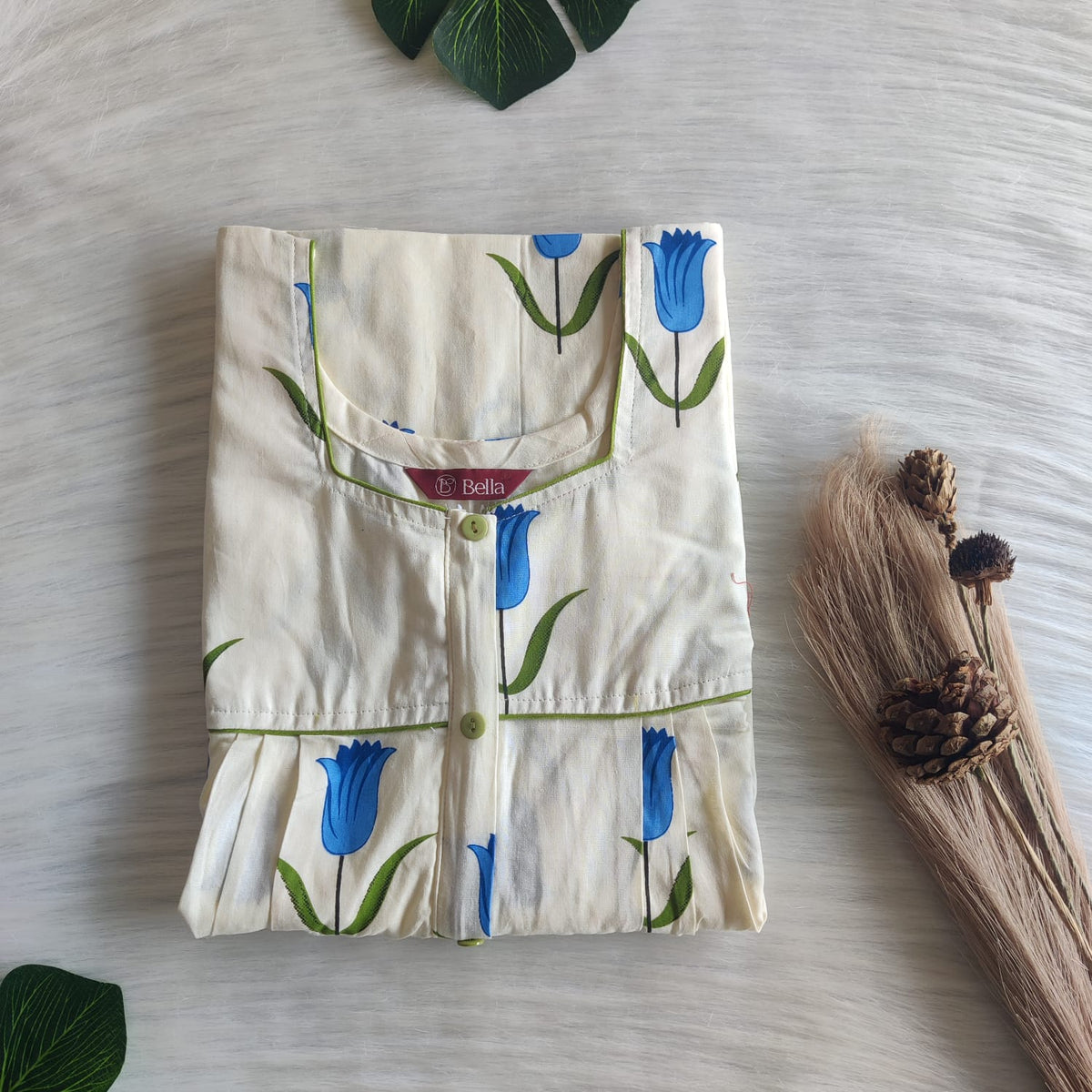 Blue Tulip Printed Ivory Premium Cotton Button Zip Nighty | Free Size | Chest Width 44″| Length 55″-56|
