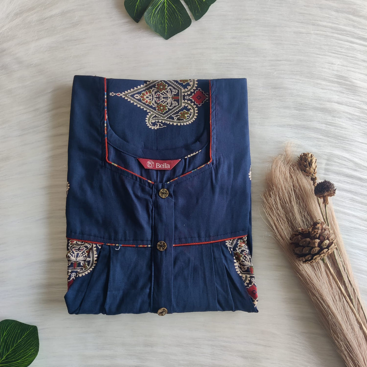 Navy Blue Printed Pure Cotton Button Zip Nighty | Free Size | Chest Width 44″| Length 55″-56″