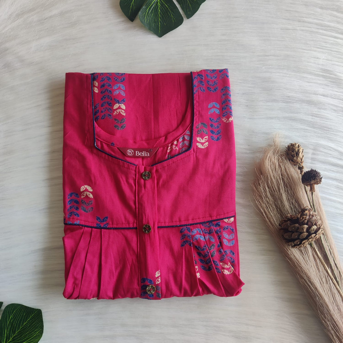 Pink Floral Printed Pure Cotton Button Zip Nighty | Free Size | Chest Width 44″| Length 55″-56″