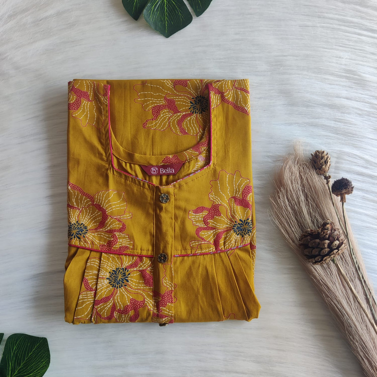 Mustard Yellow Floral Printed Pure Cotton Plus Size Button Zip Nighty | Chest Width 50″| Length 55″-56″