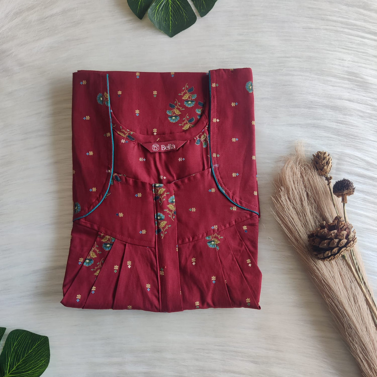 Maroon Printed Pure Cotton Pleated Zip Nighty | Free Size | Chest Width 44″| Length 54″-55″