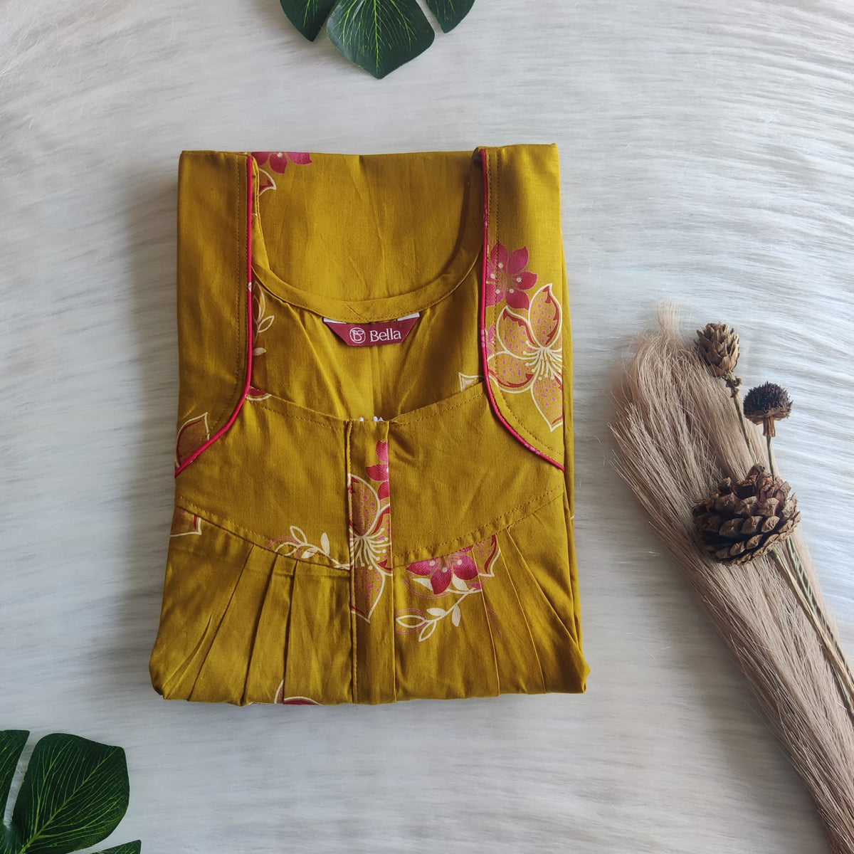 Mustard Yellow Printed Pure Cotton Plus Size Pleated Zip Nighty | Chest Width 50″| Length 54″-55″