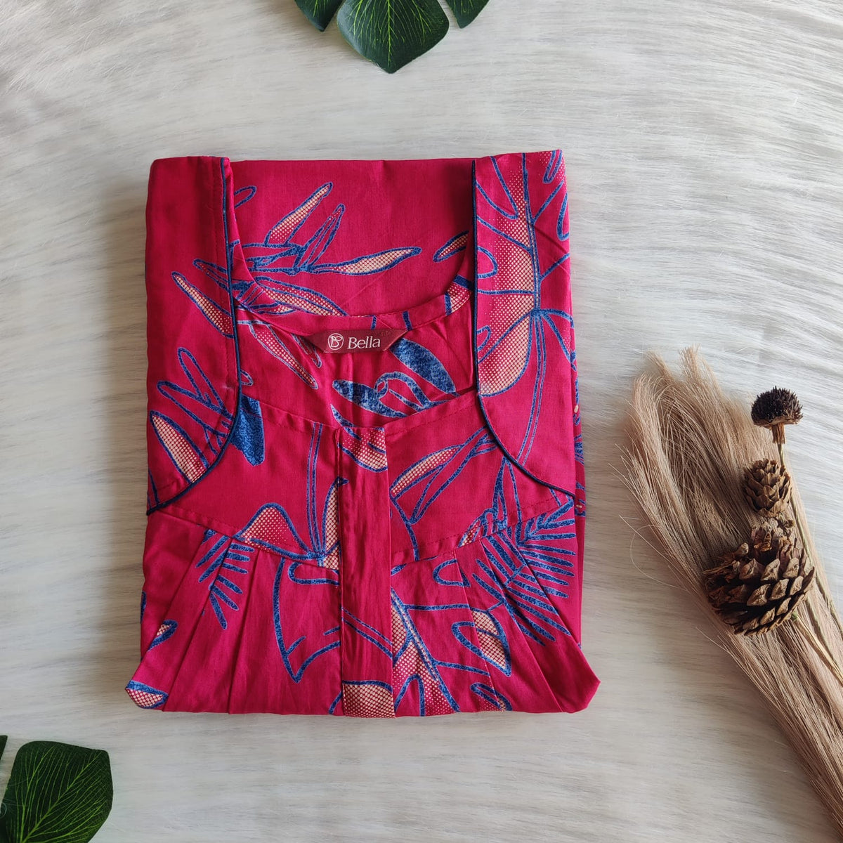 Blue Floral Printed Pink Pure Cotton Pleated Zip Nighty | Free Size | Chest Width 44″| Length 54″-55″