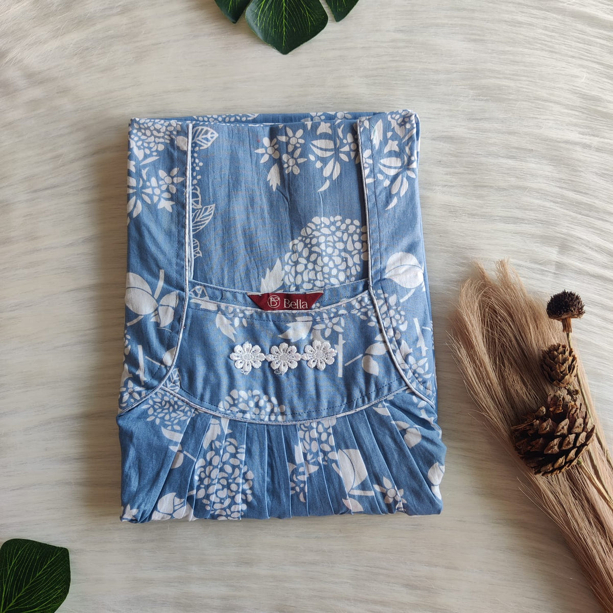 Ash Blue Floral Printed Premium Cotton Three Flower Nighty |Free Size | Chest Width 44"| Length 54"-55"