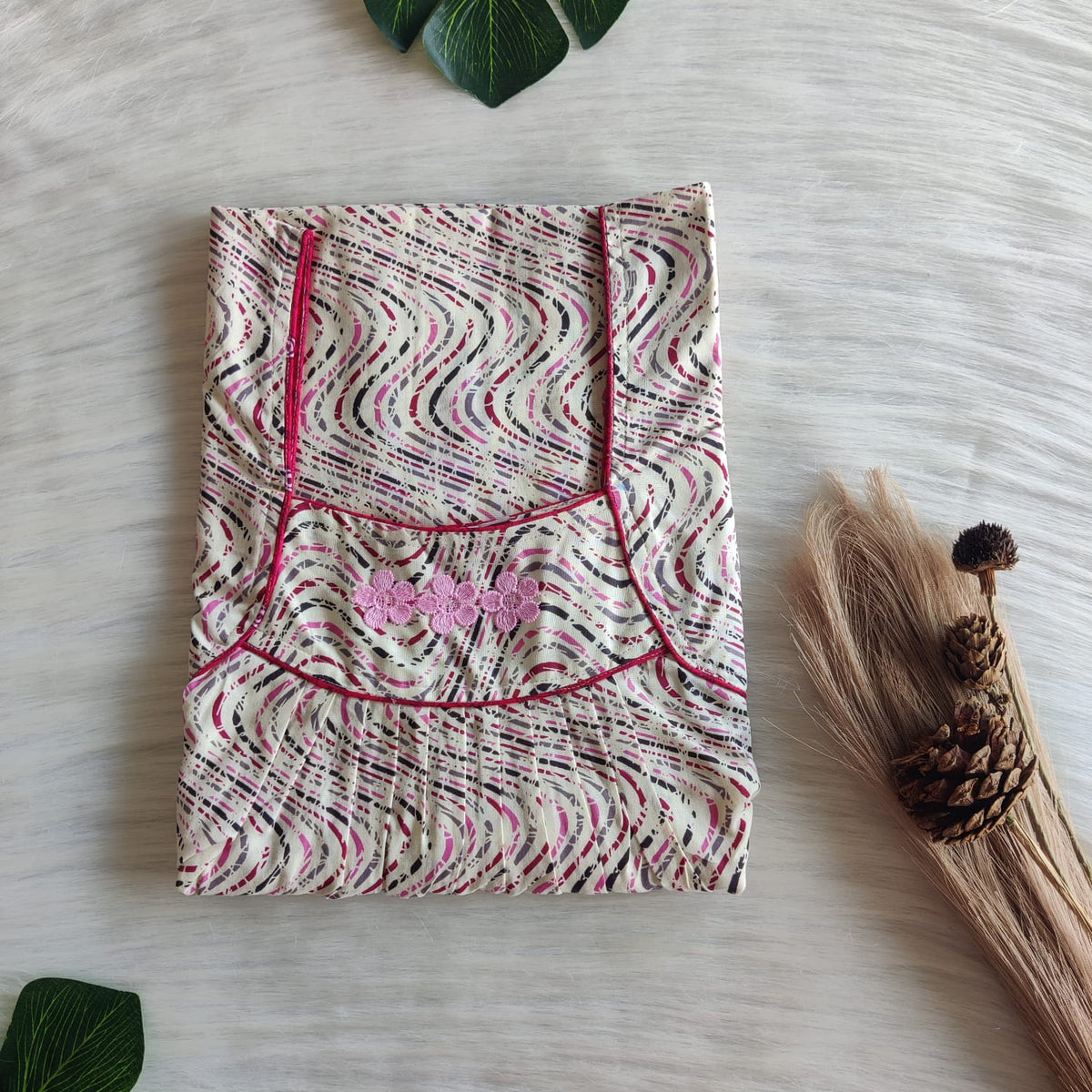 Pink And Ivory Stripes Printed Premium Cotton Three Flower Nighty |Free Size | Chest Width 44"| Length 54"-55"