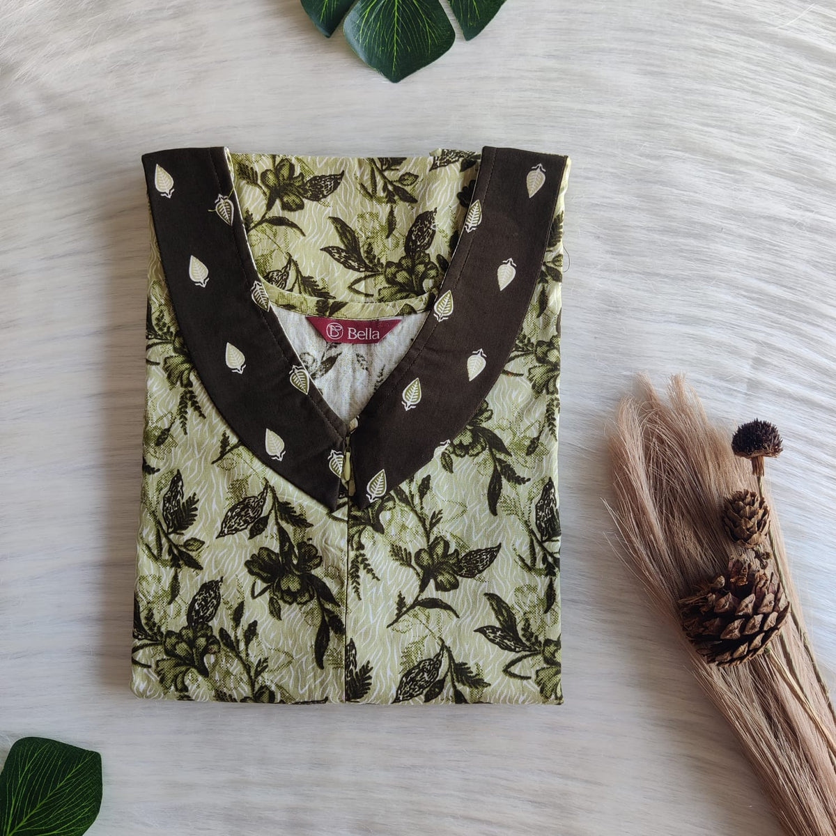 Dark And Pale Green Floral Printed Premium Cotton Peter Pan Collar Long Zip Feeding Nighty | Free Size | Chest Width 44″| Length 56″