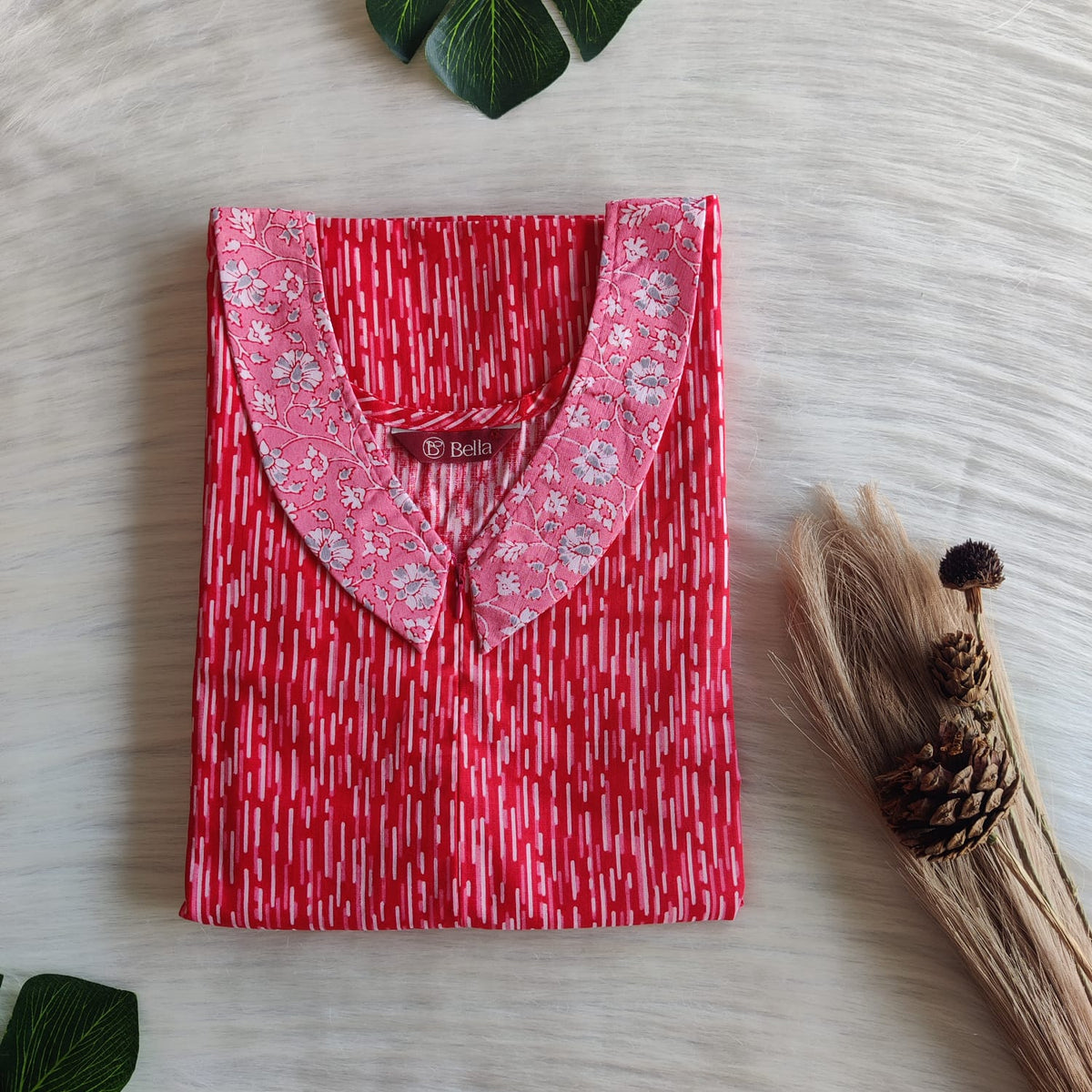 Peach And Red Printed Premium Cotton Peter Pan Collar Long Zip Feeding Nighty | Free Size | Chest Width 44″| Length 56″