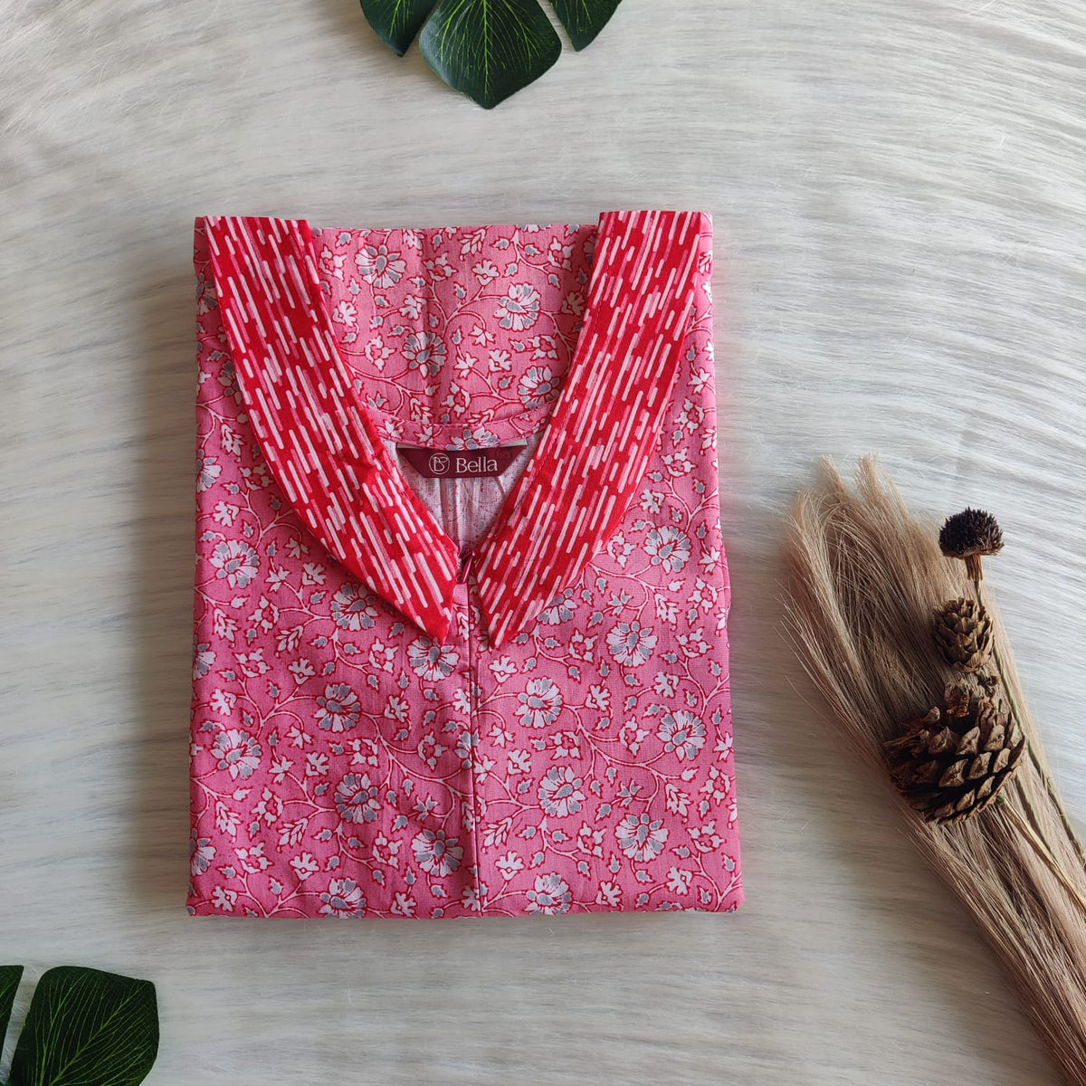Red And Peach Floral Printed Premium Cotton Peter Pan Collar Long Zip Feeding Nighty | Free Size | Chest Width 44″| Length 56″