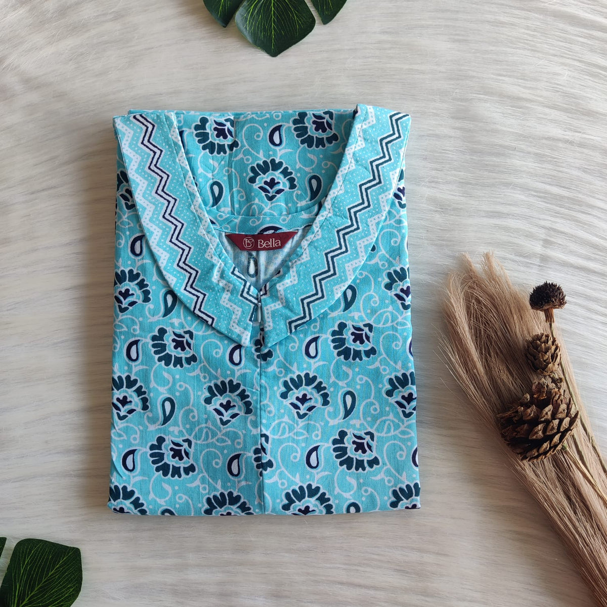 White And Blue Floral Printed Premium Cotton Peter Pan Collar Long Zip Feeding Nighty | Free Size | Chest Width 44″| Length 56″