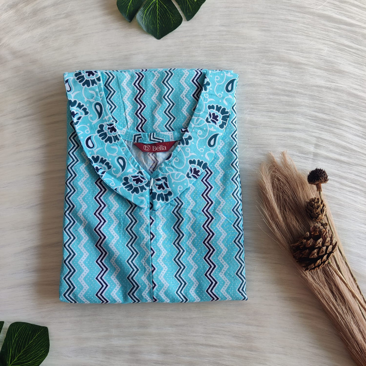 Blue And White Zig-Zag Printed Premium Cotton Peter Pan Collar Long Zip Feeding Nighty | Free Size | Chest Width 44″| Length 56″