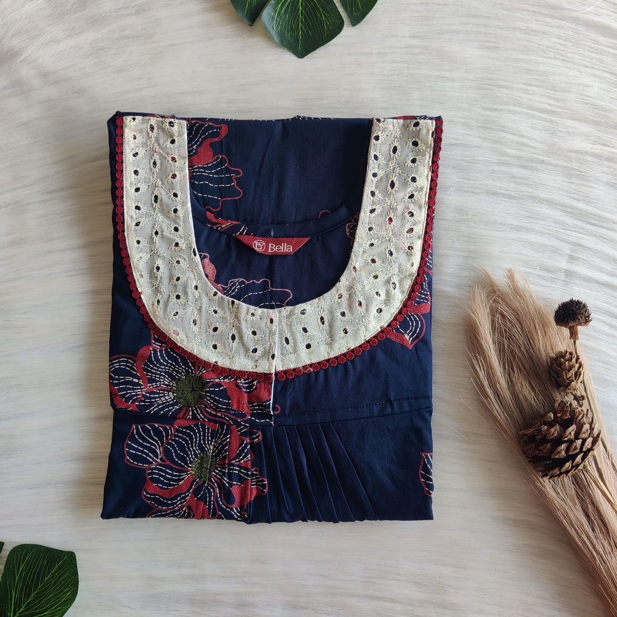 Maroon Floral Printed Navy Blue Pure Cotton Plus Size Hakoba Lace Nighty | Chest Width 48″-50″| Length 54″-56″