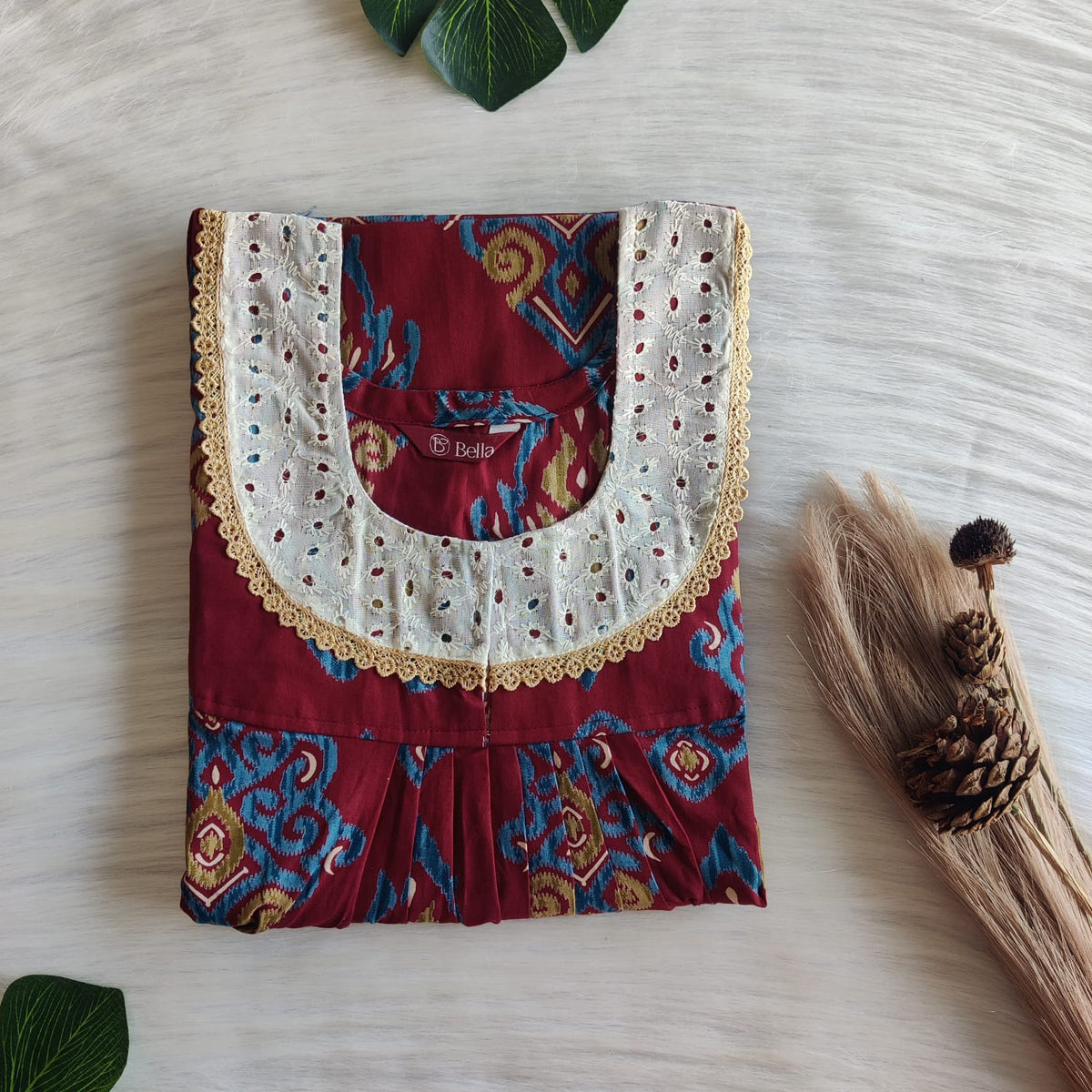 Blue Printed Maroon Pure Cotton Hakoba Lace Nighty | Free Size | Chest Width 44″| Length 54″-56″