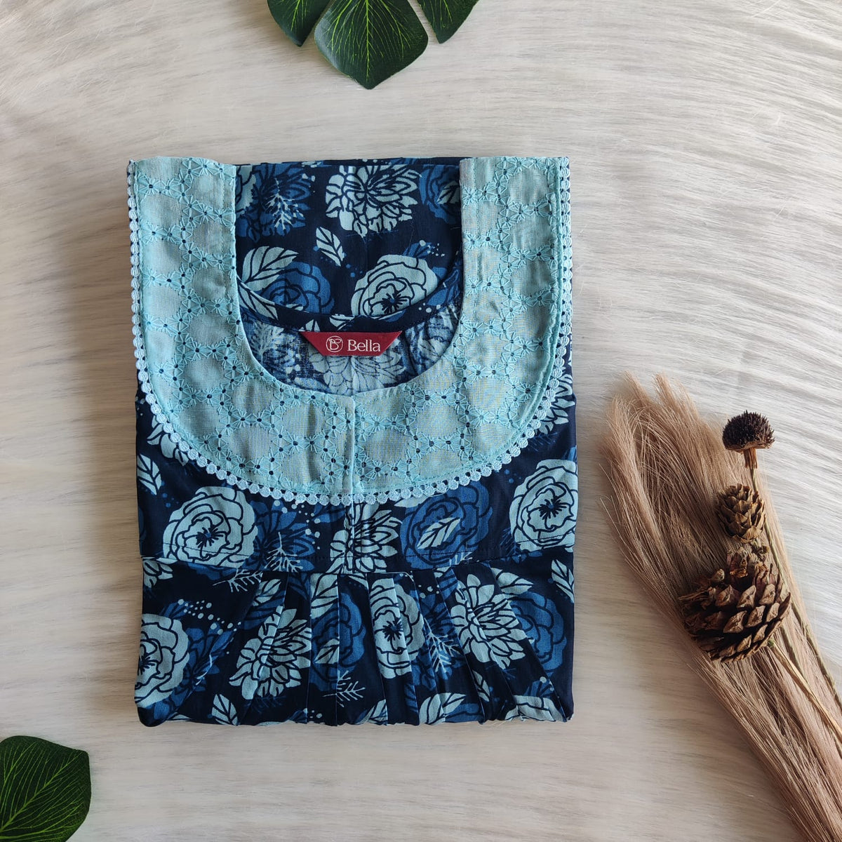 Blue Floral Printed Premium Cotton Hakoba Lace Nighty | Free Size | Chest Width 44″| Length 54″-56″