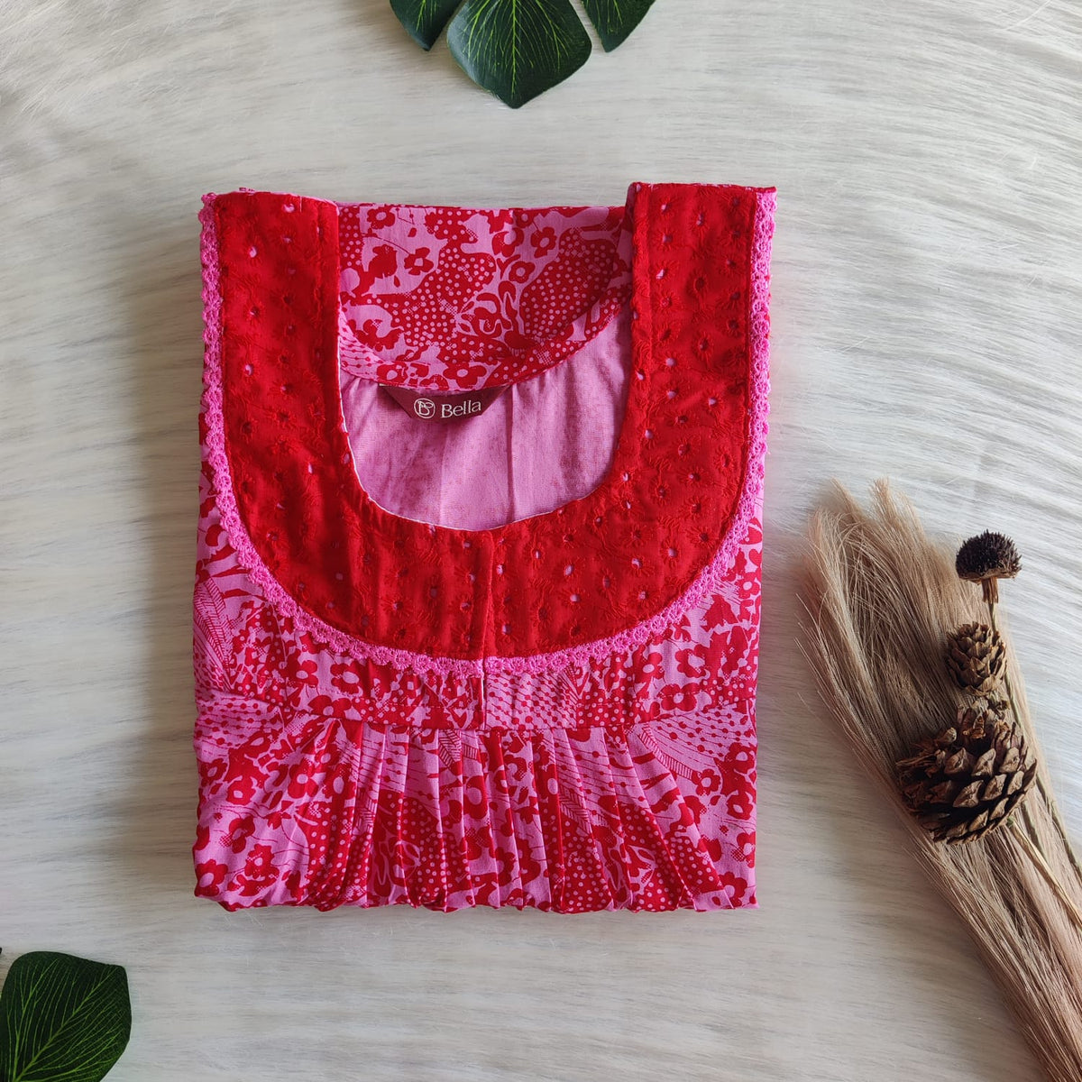 Red And Pink Printed Premium Cotton Hakoba Lace Nighty | Free Size | Chest Width 44″| Length 54″-56″