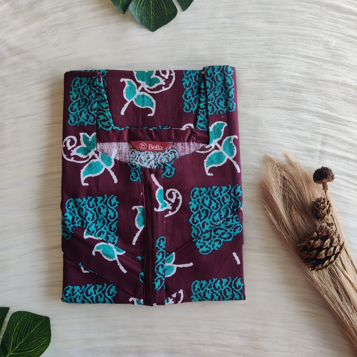 Green Floral Printed Coffee Brown Premium Cotton Horizontal Zip Feeding Nighty | Free Size | Chest Width 44″| Length 54″-56″|