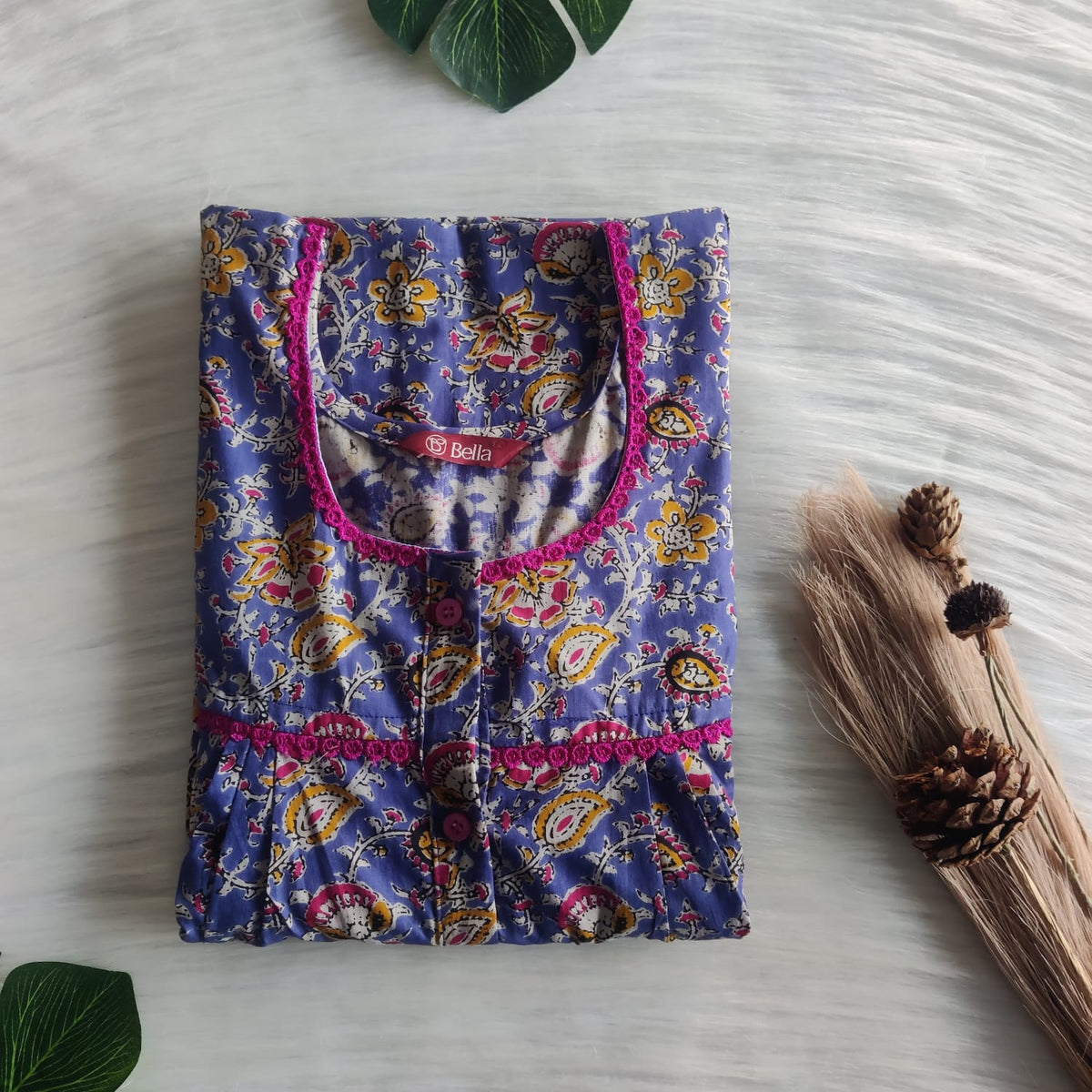 Yellow Floral Printed Blue Premium Cotton Lace Button Nighty | Free Size | Chest Width 44"| Length 54"-56"