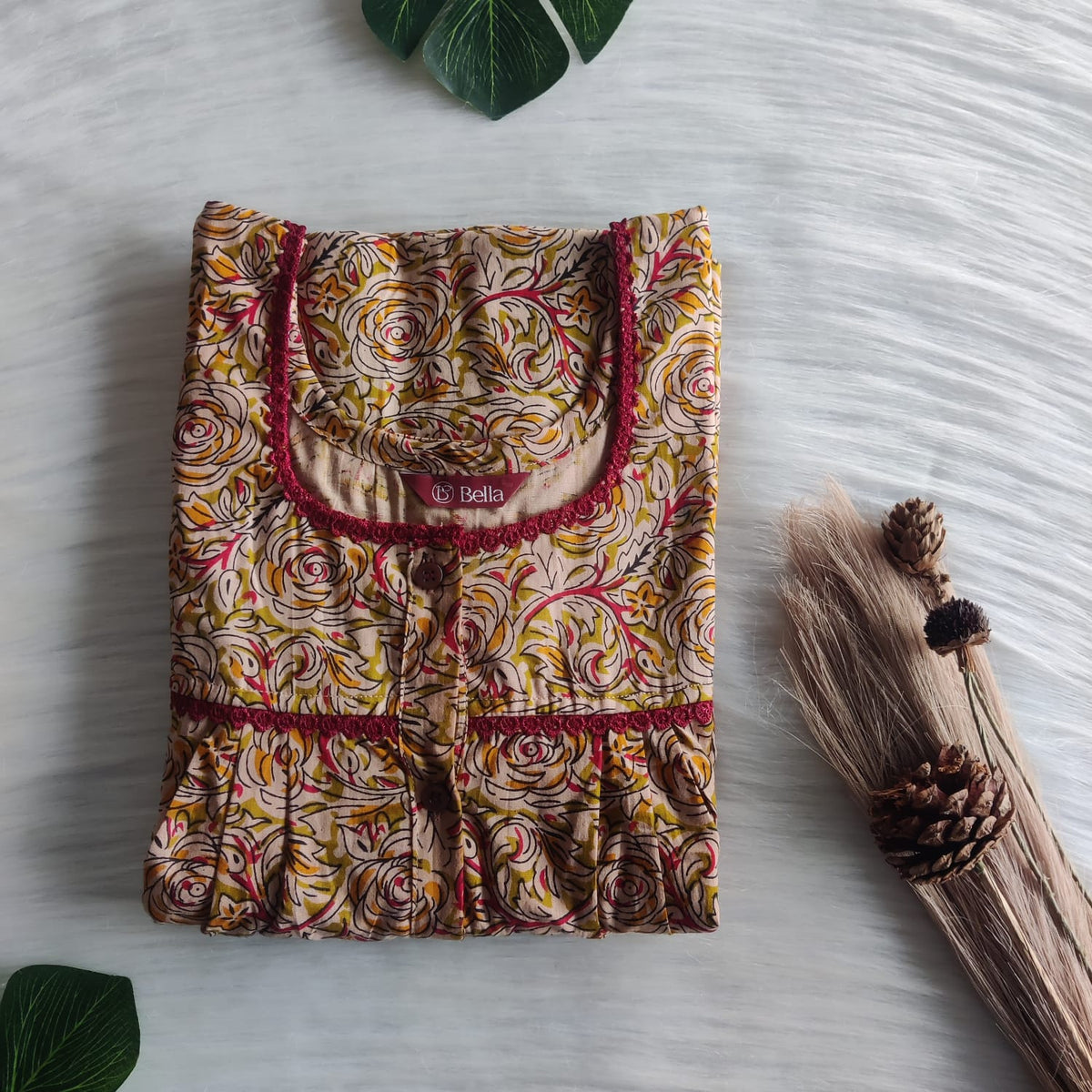 Yellow And Beige Premium Cotton Lace Button Nighty | Free Size | Chest Width 44"| Length 54"-56"