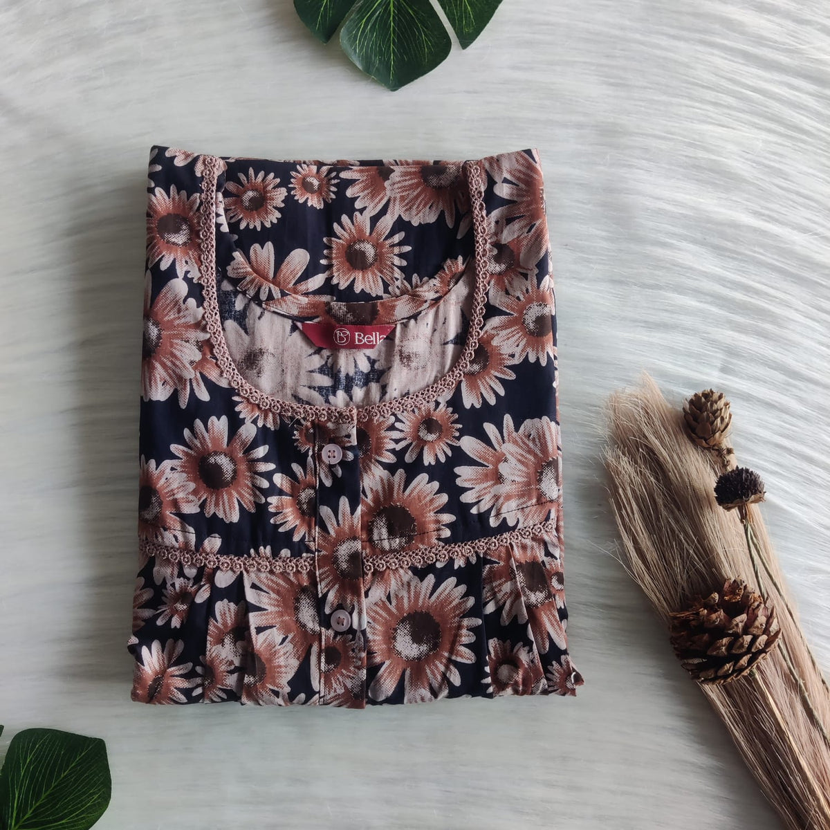 Brown Floral Printed Premium Cotton Lace Button Nighty | Free Size | Chest Width 44"| Length 54"-56"