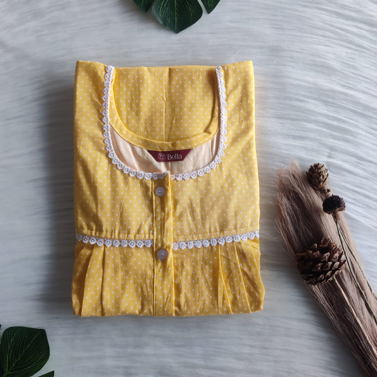 Yellow Dot Premium Cotton Lace Button Nighty | Free Size | Chest Width 44"| Length 54"-56"