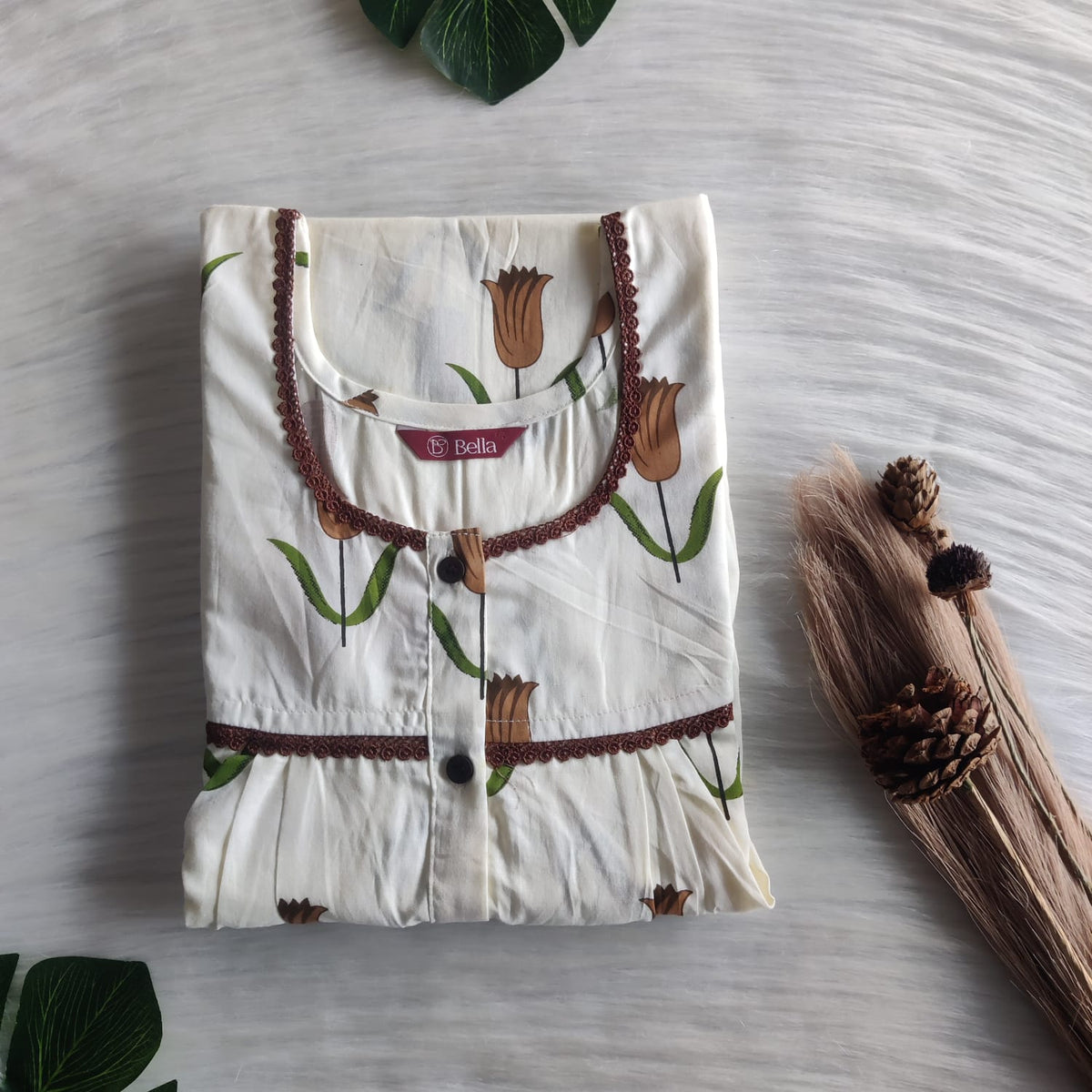 Brown Tulip Printed Ivory Premium Cotton Lace Button Nighty | Free Size | Chest Width 44"| Length 54"-56"