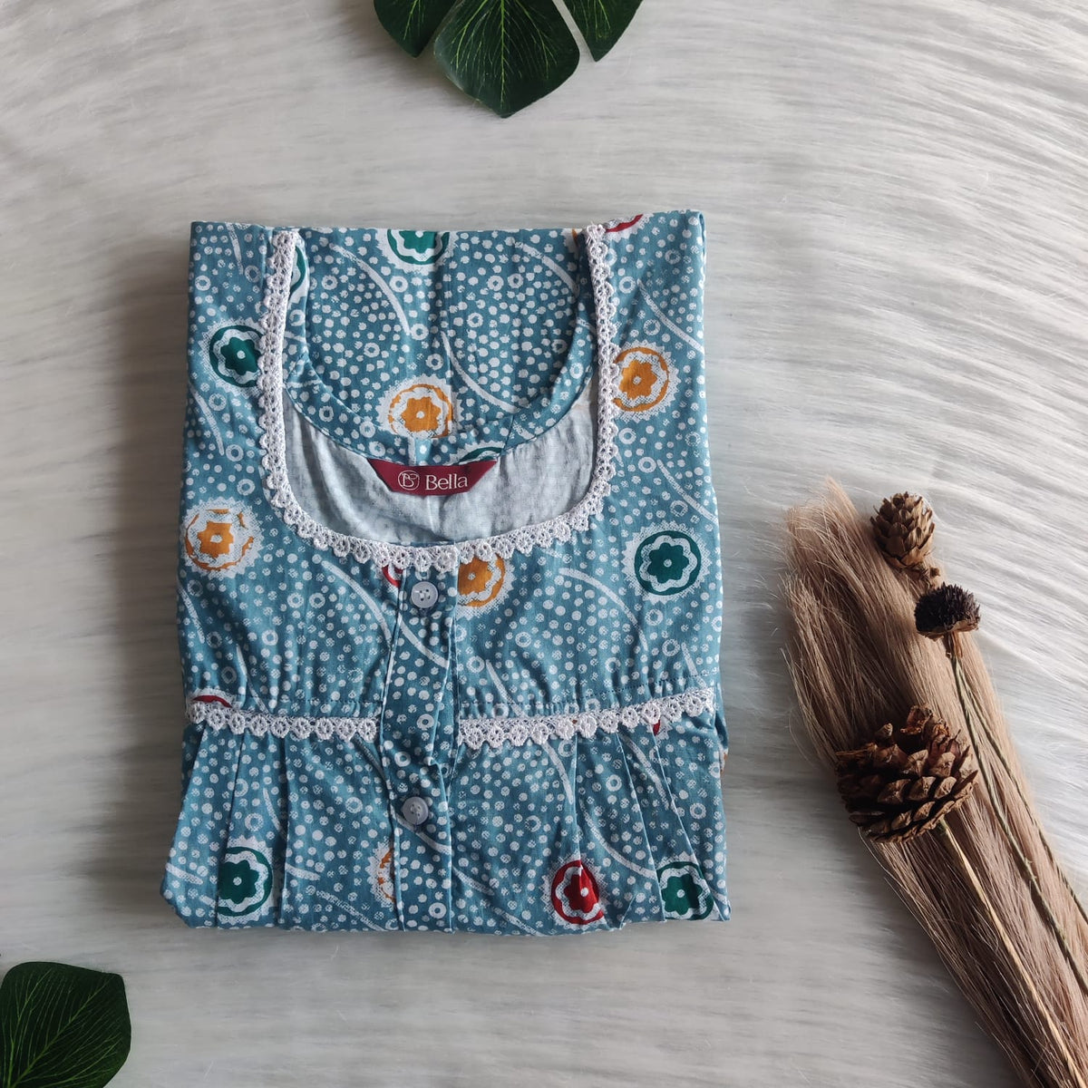 Ash Blue Printed Premium Cotton Lace Button Nighty | Free Size | Chest Width 44"| Length 54"-56"