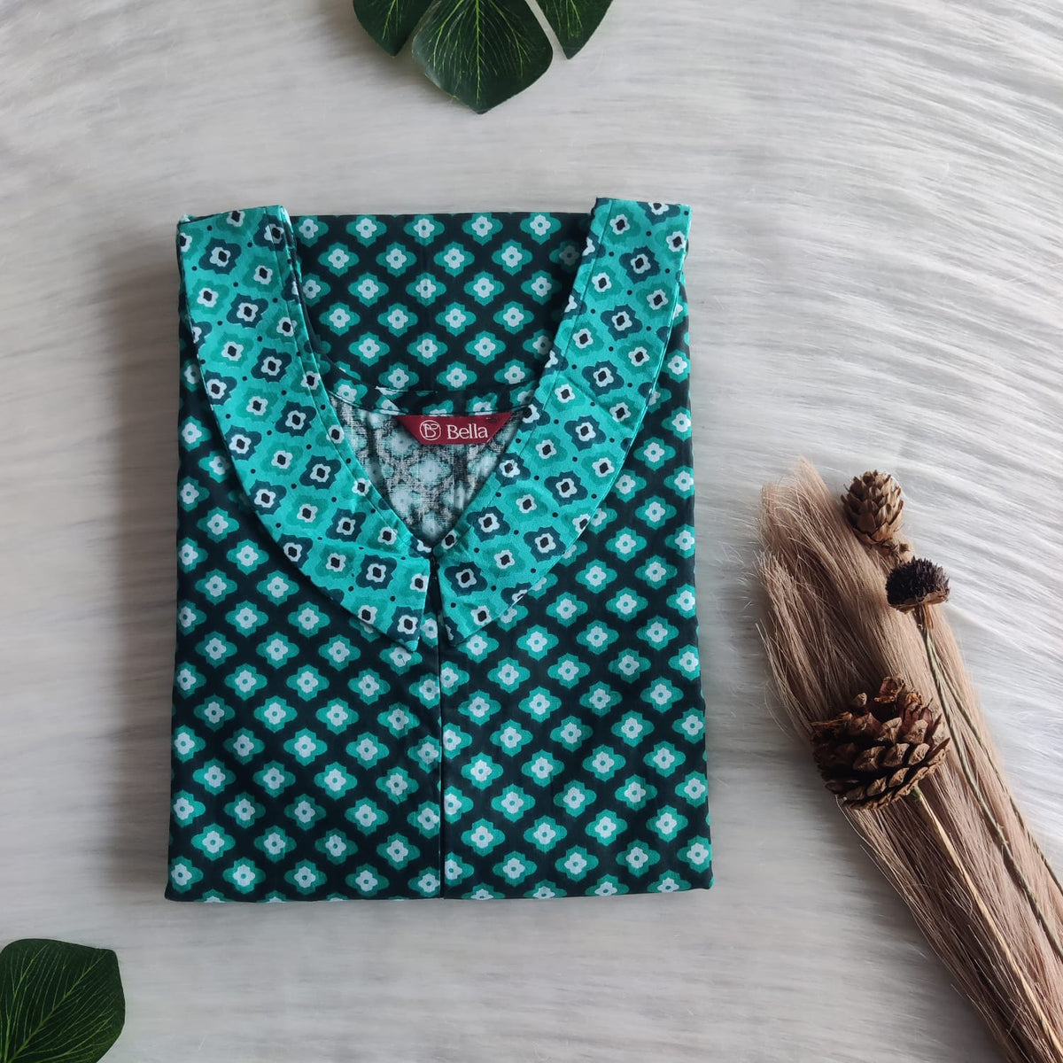 Pale And Dark Green Floral Printed Premium Cotton Peter Pan Collar Long Zip Feeding Nighty | Free Size | Chest Width 44″| Length 56″