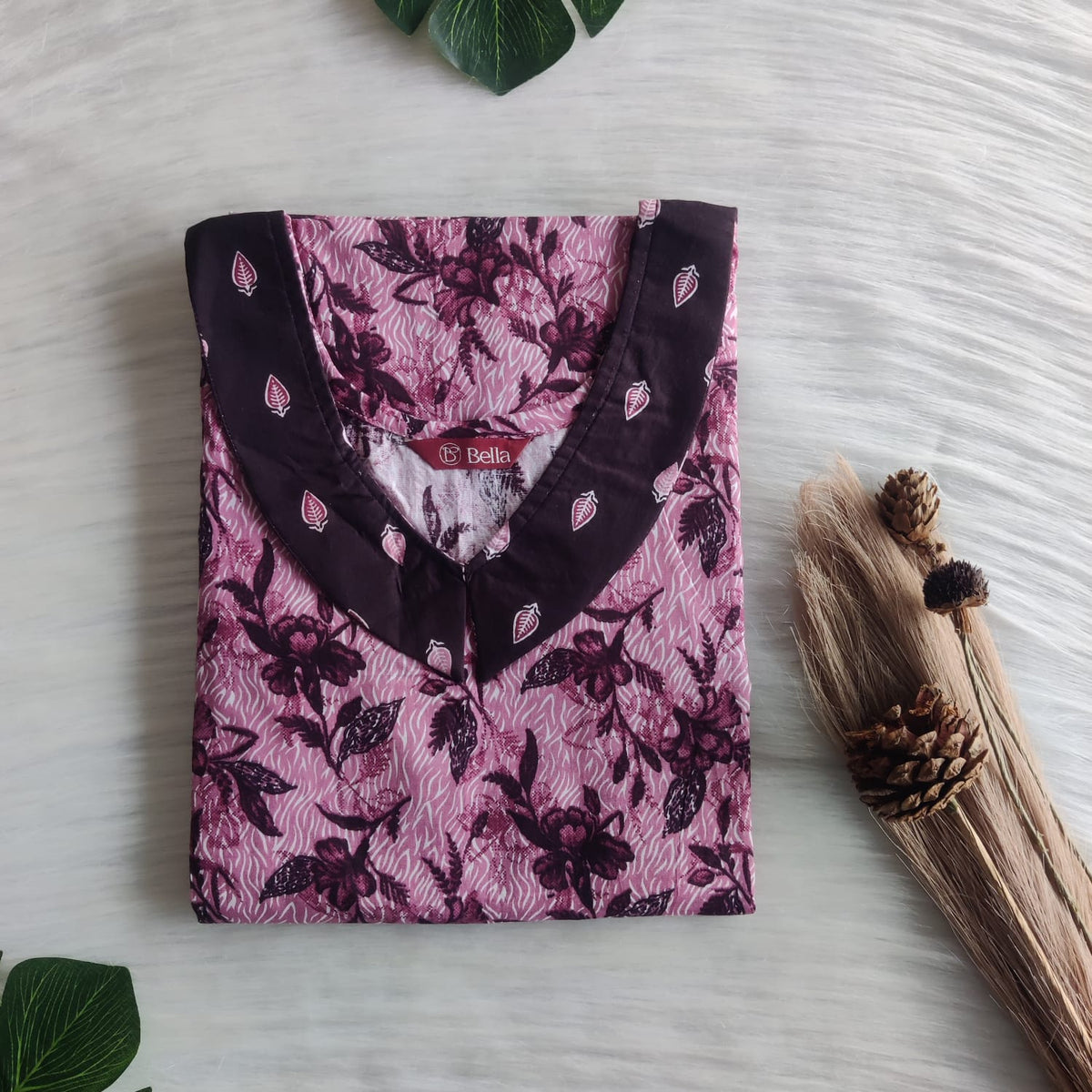 Dark And Pale Wine Floral Printed Premium Cotton Peter Pan Collar Nighty | Free Size | Chest Width 44″| Length 55″-56″