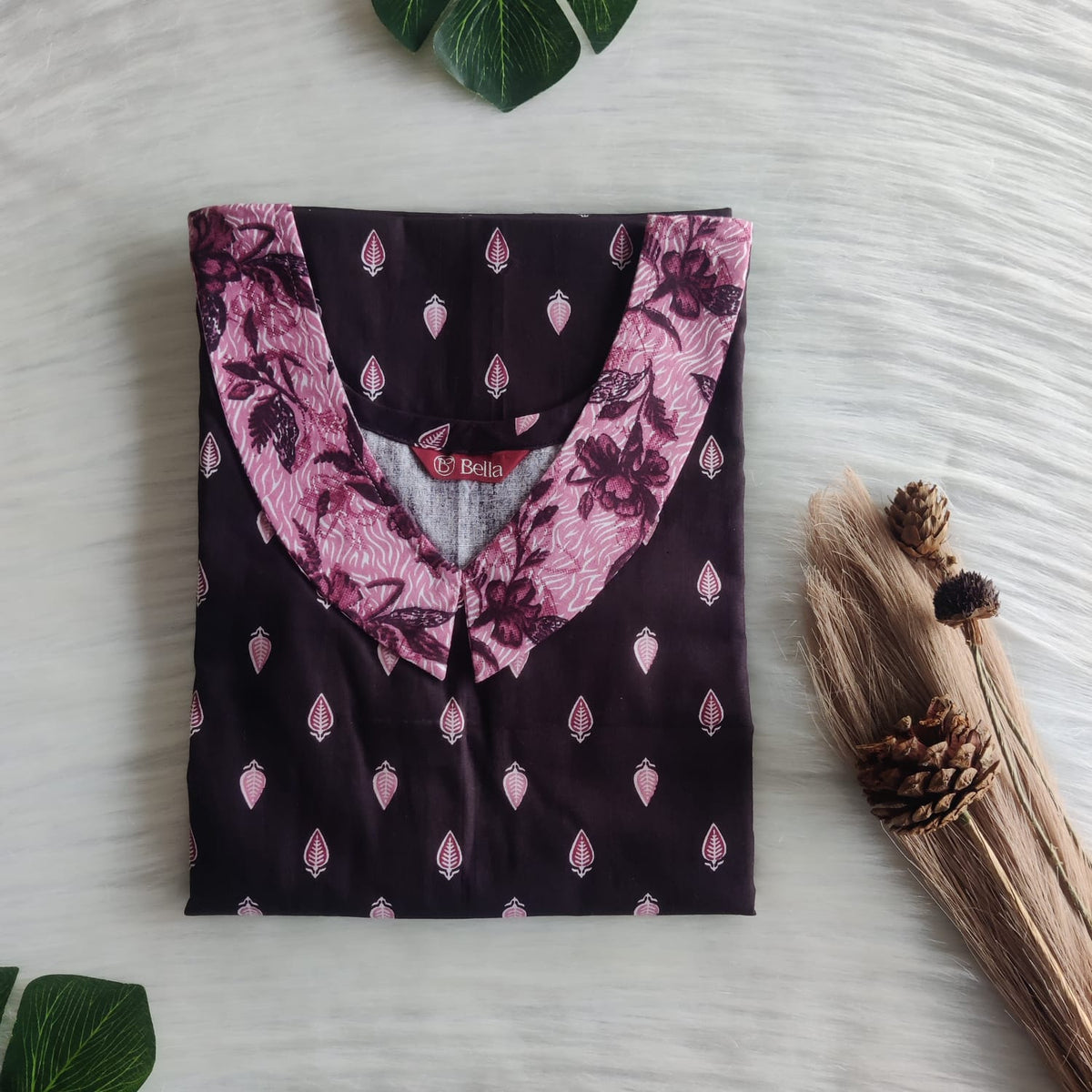 Pale And Dark Wine Printed Premium Cotton Peter Pan Collar Nighty | Free Size | Chest Width 44″| Length 55″-56″