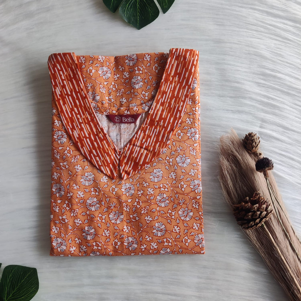 Dark And Pale Orange Floral Printed Premium Cotton Peter Pan Collar Nighty | Free Size | Chest Width 44″| Length 55″-56″