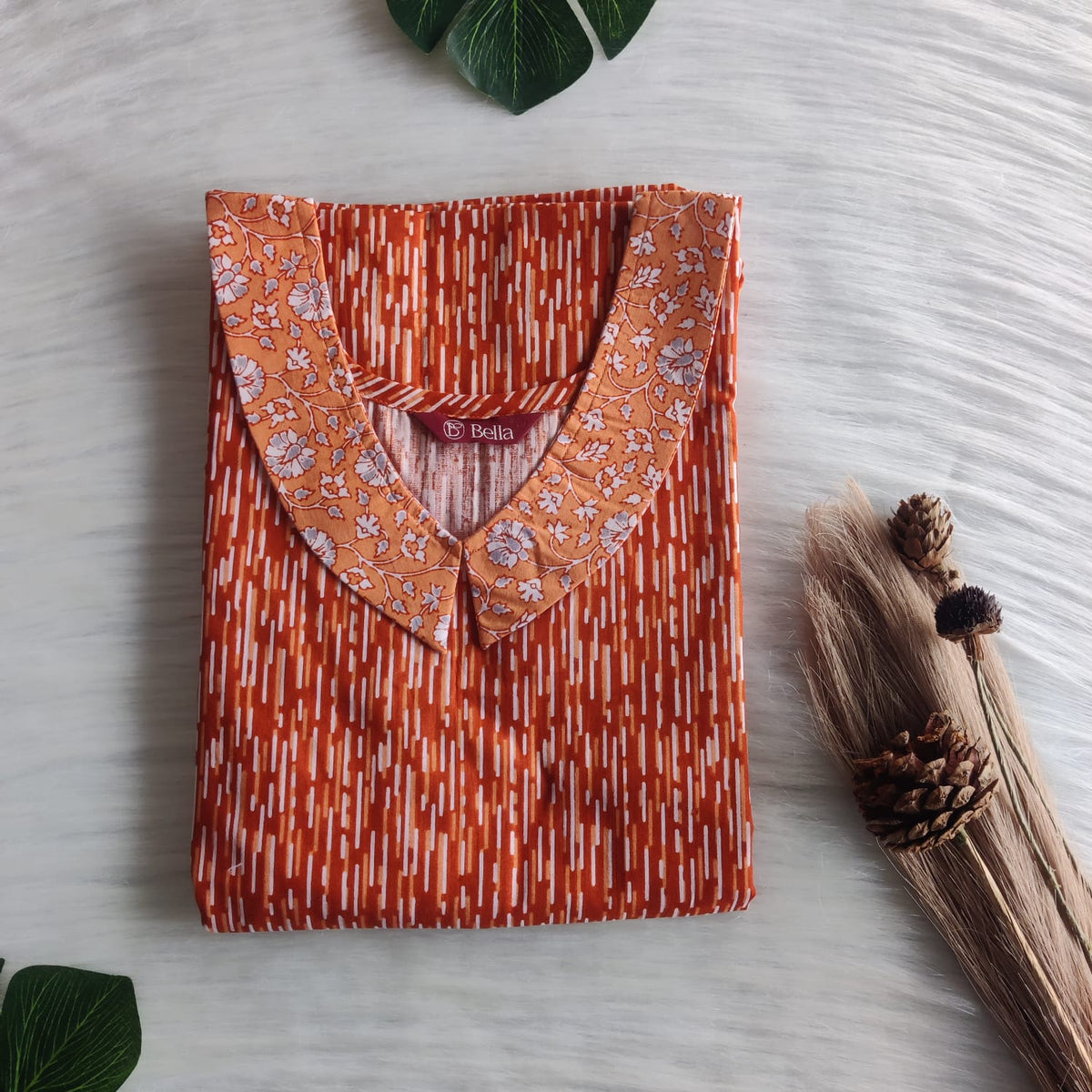 Pale And Dark Orange Printed Premium Cotton Peter Pan Collar Nighty | Free Size | Chest Width 44″| Length 55″-56″