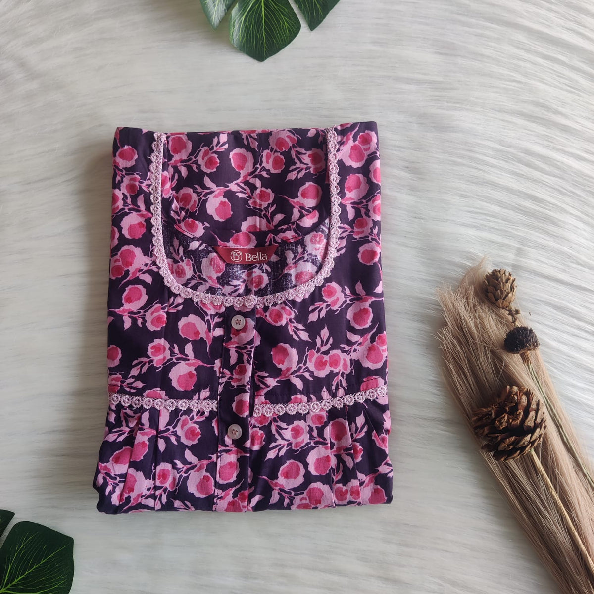 Pink Floral Printed Purple Premium Cotton Lace Button Nighty | Free Size | Chest Width 44"| Length 54"-56"