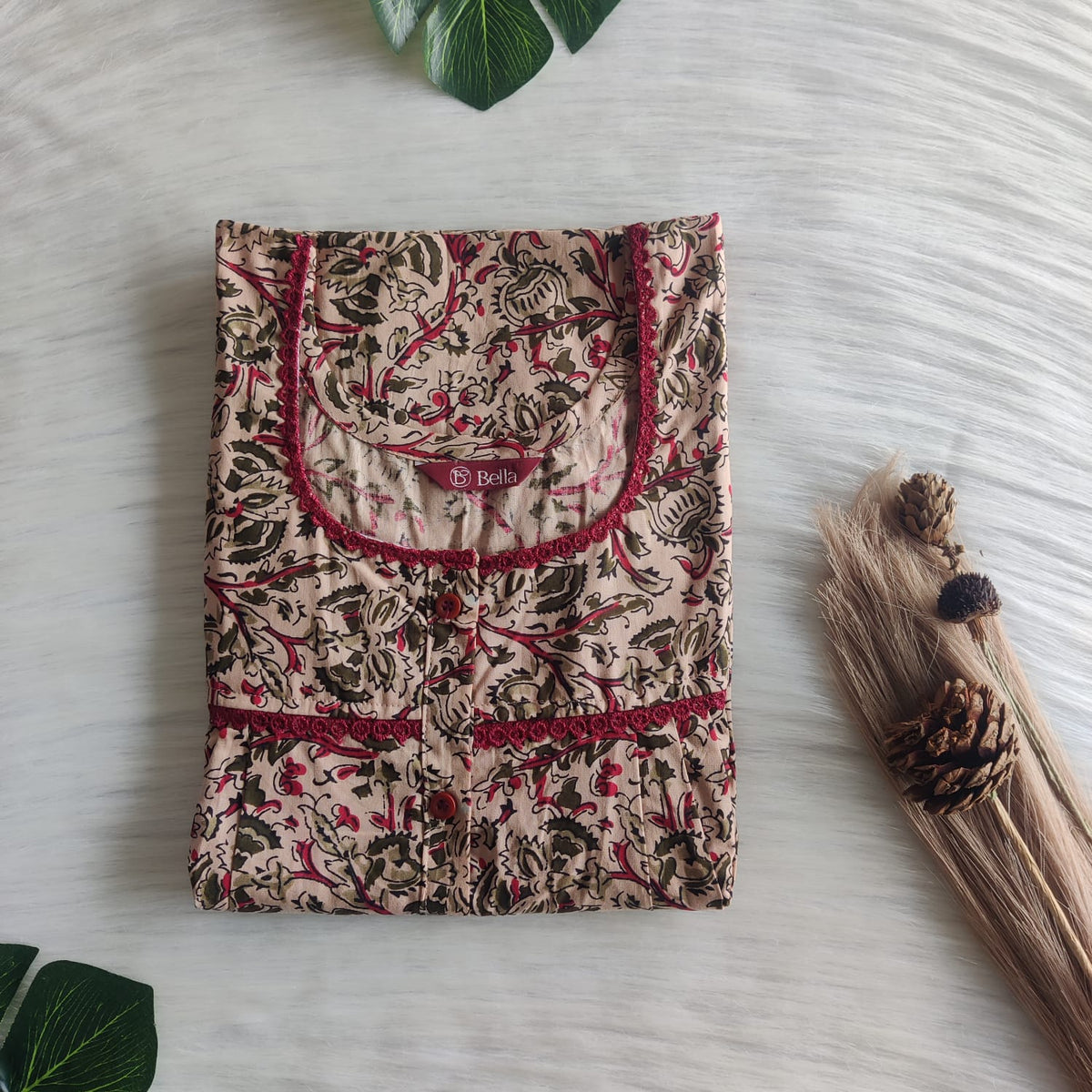 Green Floral Printed Beige Premium Cotton Lace Button Nighty | Free Size | Chest Width 44"| Length 54"-56"